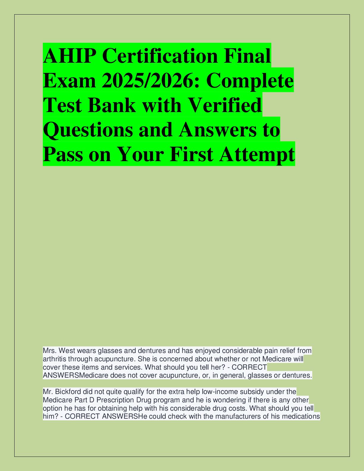 Recommended document preview for AHIP Certification Final  Exam 2025/2026: Complete  Test Bank with Verified  Questions and Answers to  Pass on Your First Attempt