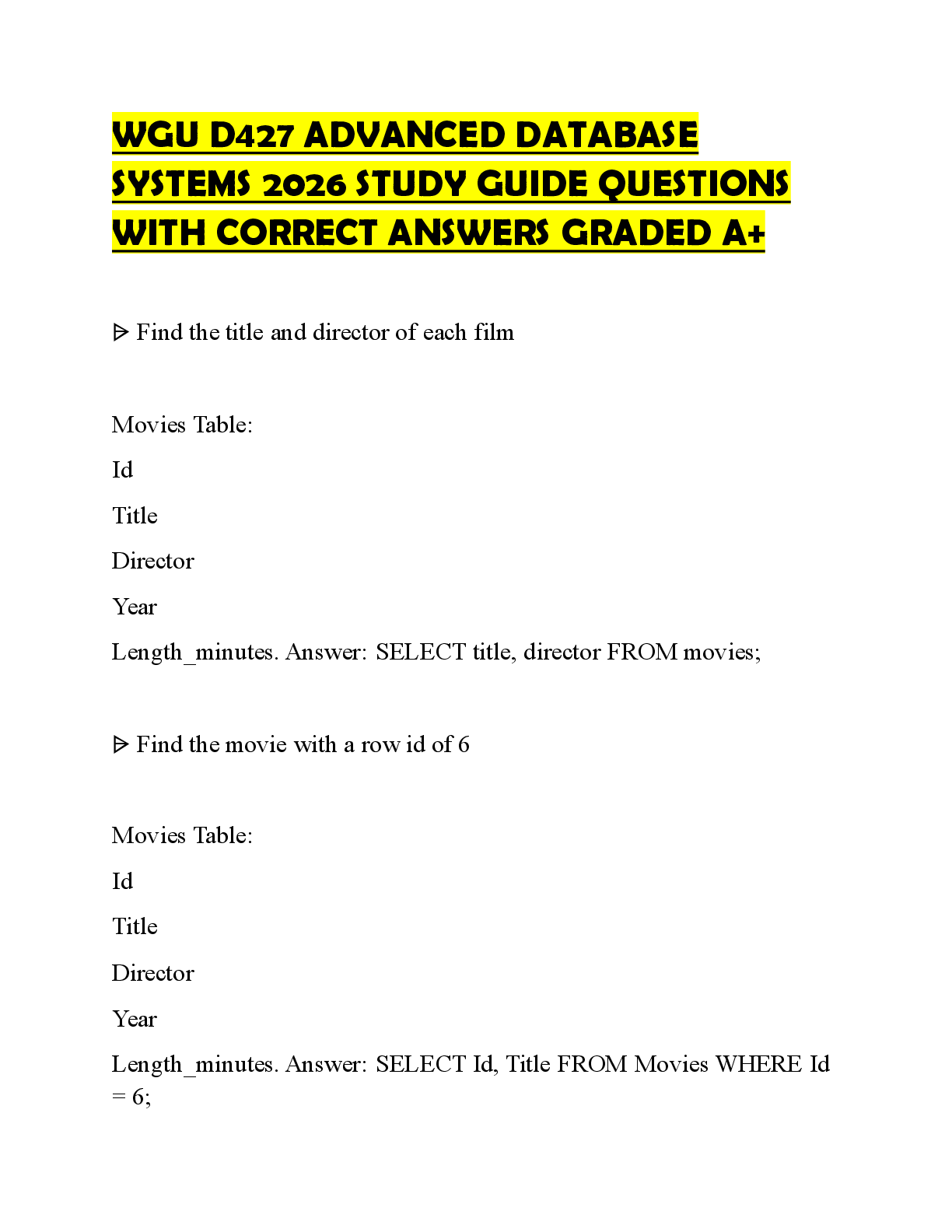 Recommended document preview for WGU D427 ADVANCED DATABASE SYSTEMS 2026 STUDY GUIDE QUESTIONS WITH CORRECT ANSWERS GRADED A+