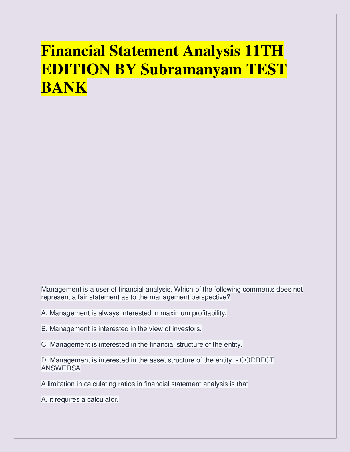 Preview of Financial Statement Analysis 11TH  EDITION BY Subramanyam TEST  BANK