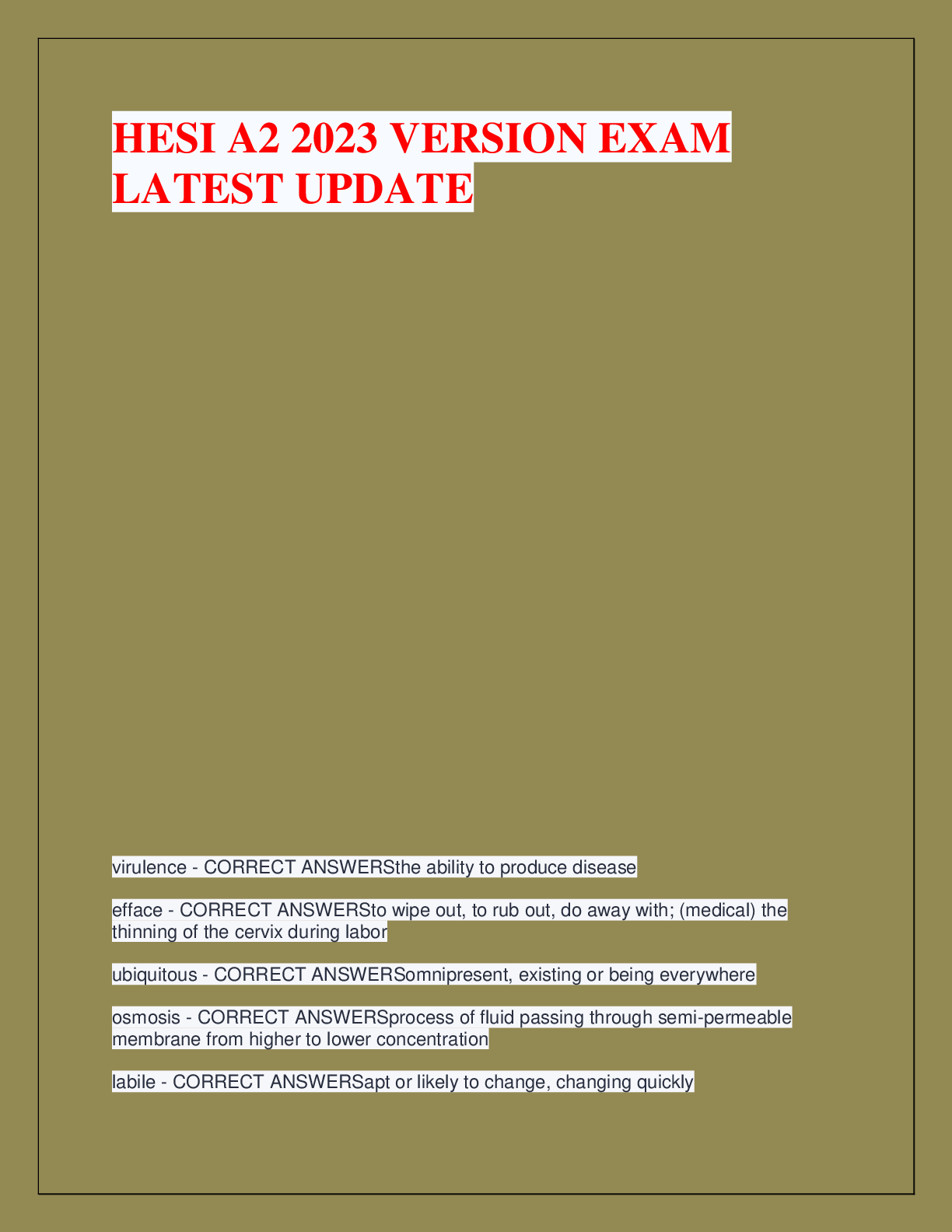 Recommended document preview for HESI A2 2023 VERSION EXAM  LATEST UPDATE