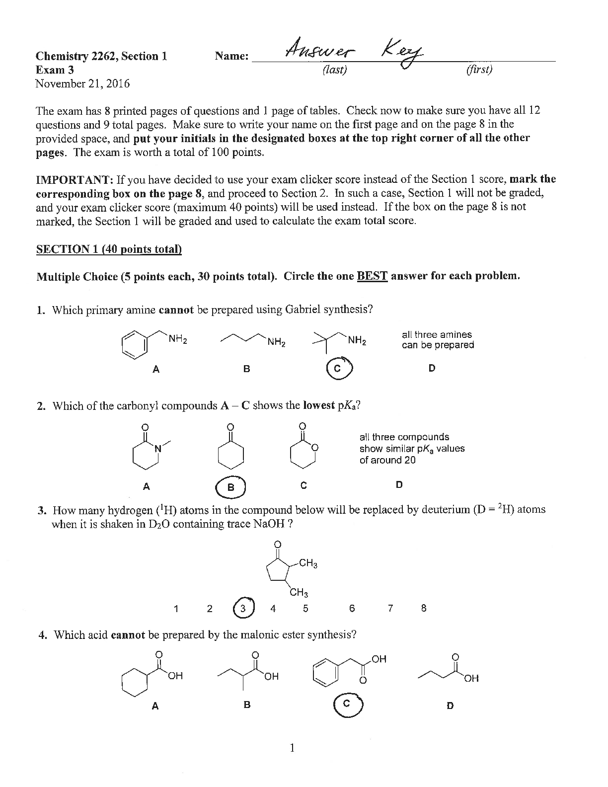 Preview of CHEM 2262 Organic Chemistry Section 1 Exam 3 Louisiana State University ANSWER KEY