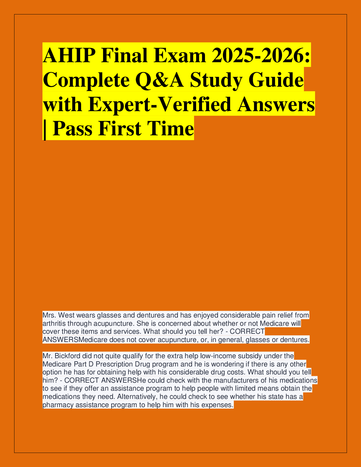 Recommended document preview for AHIP Final Exam 2025-2026:  Complete Q&A Study Guide  with Expert-Verified Answers  | Pass First Time
