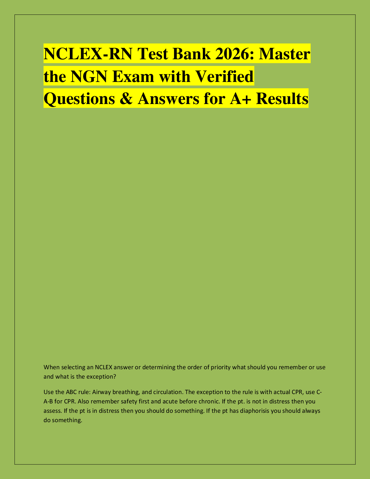 Recommended document preview for NCLEX-RN Test Bank 2026: Master  the NGN Exam with Verified  Questions & Answers for A+ Results