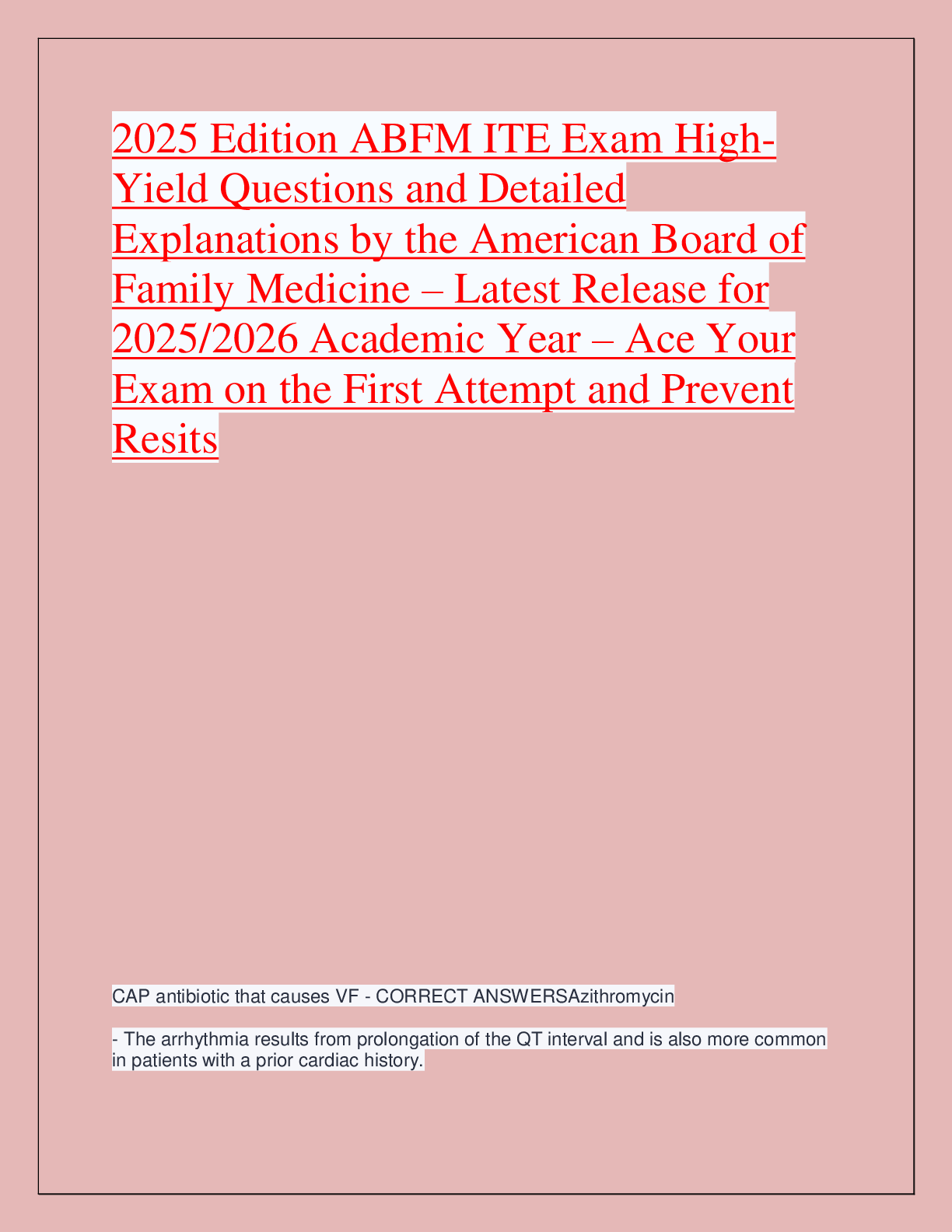 Recommended document preview for 2025 Edition ABFM ITE Exam HighYield Questions and Detailed  Explanations by the American Board of  Family Medicine – Latest Release for  2025/2026 Academic Year – Ace Your  Exam on the First Attempt and Prevent  Resits