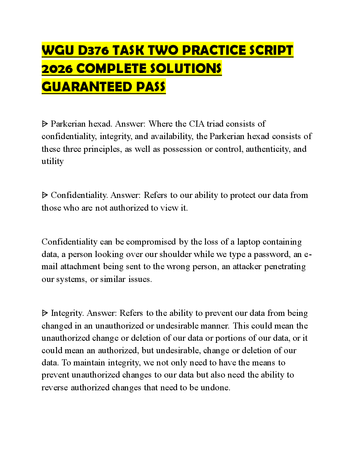 Recommended document preview for WGU D376 TASK TWO PRACTICE SCRIPT 2026 COMPLETE SOLUTIONS GUARANTEED PASS