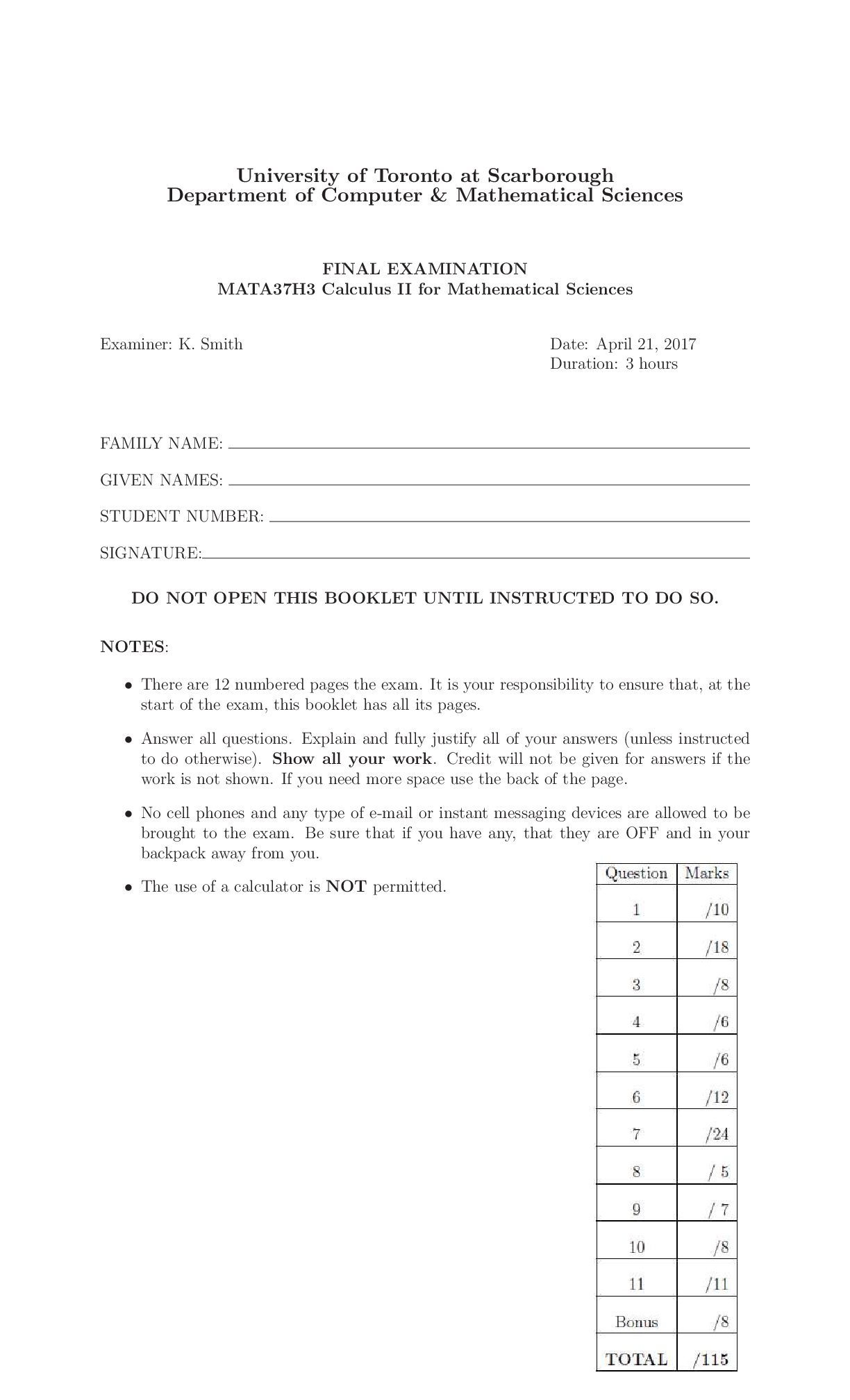 MATA 37H3 Calculus II for Mathematical Sciences FINAL EXAMINATION | University of Toronto  | Department of Computer & Mathematical Sciences