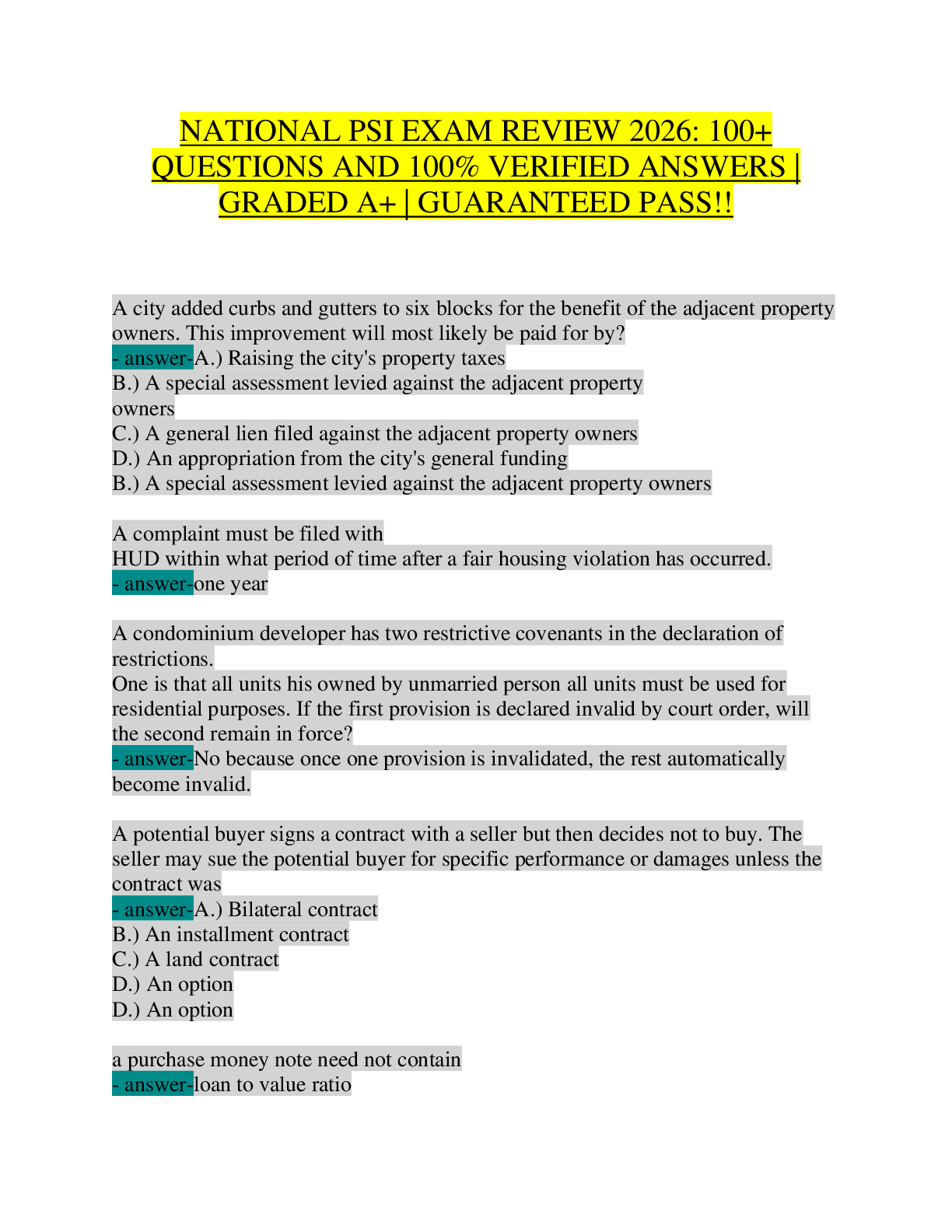 Preview of PSI National Real Estate Exam Review 2026 | Complete Study Guide with 100+ Q&A | Salesperson & Broker License Prep | Contracts, Financing, Fair Housing, Appraisal, Property Law