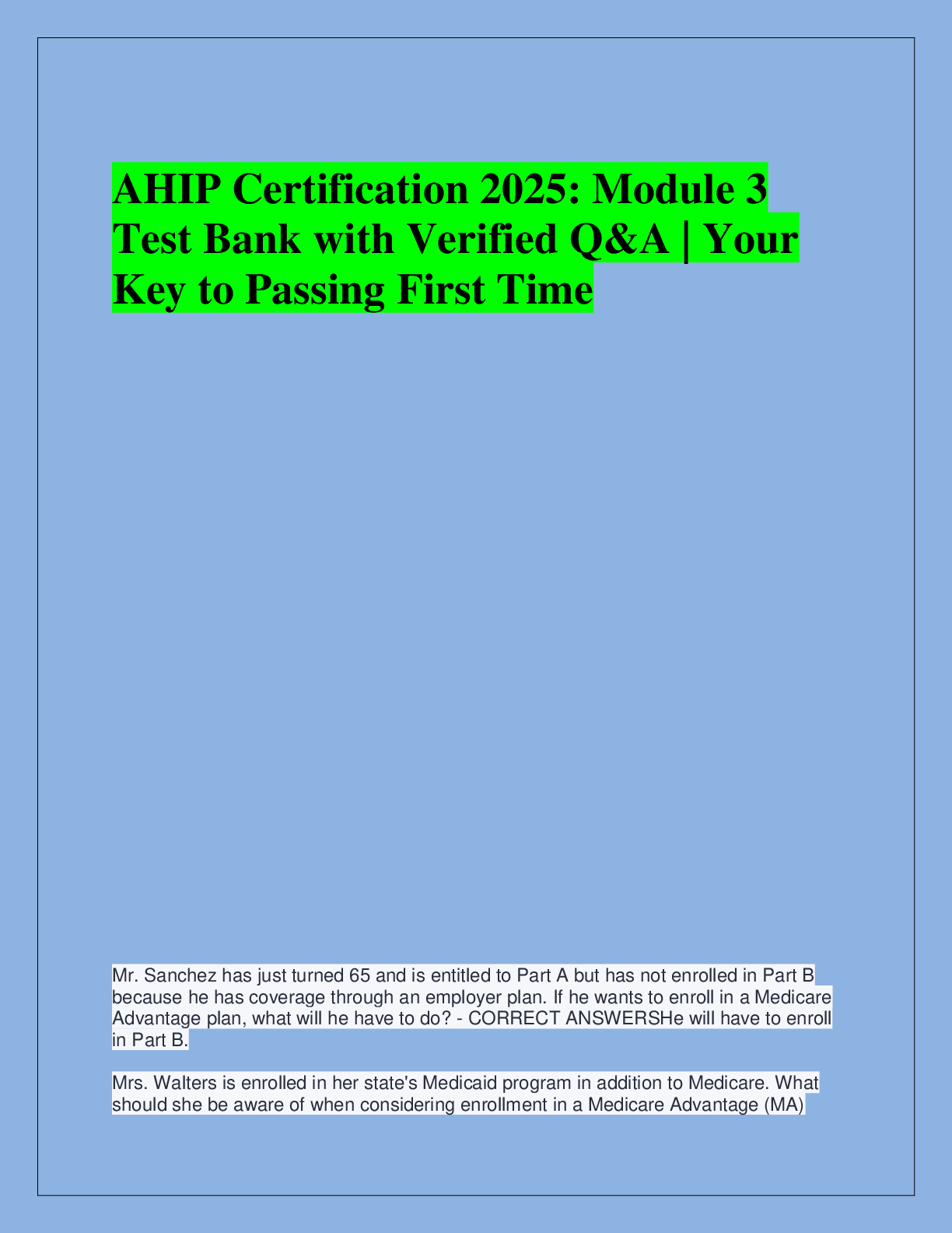 Recommended document preview for AHIP Certification 2025: Module 3  Test Bank with Verified Q&A | Your  Key to Passing First Time