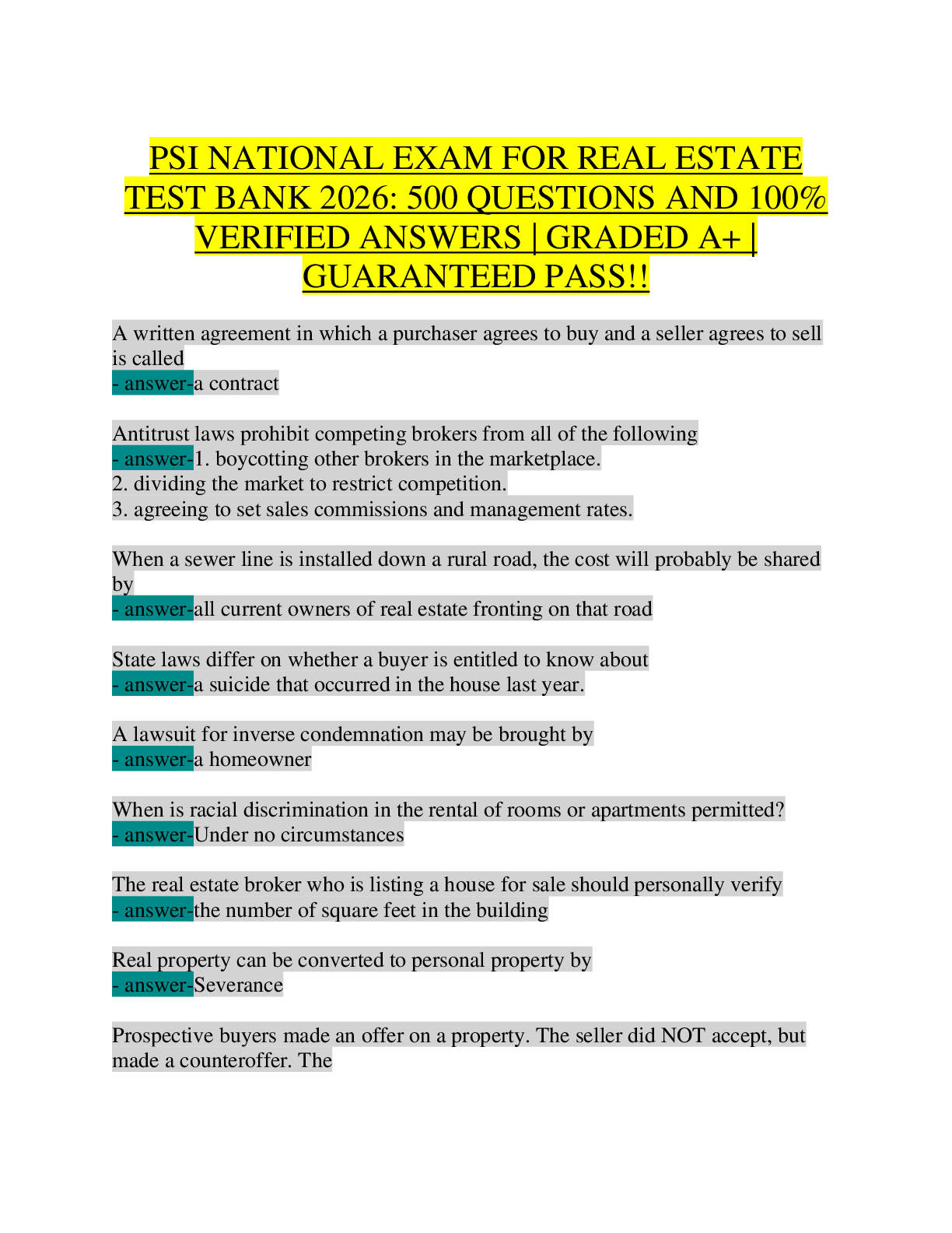 Recommended document preview for PSI National Real Estate Exam Test Bank 2026 | 500+ Questions & 100% Verified Answers | Complete License Prep for Salesperson & Broker | Contracts, Deeds, Financing, Fair Housing, Appraisal