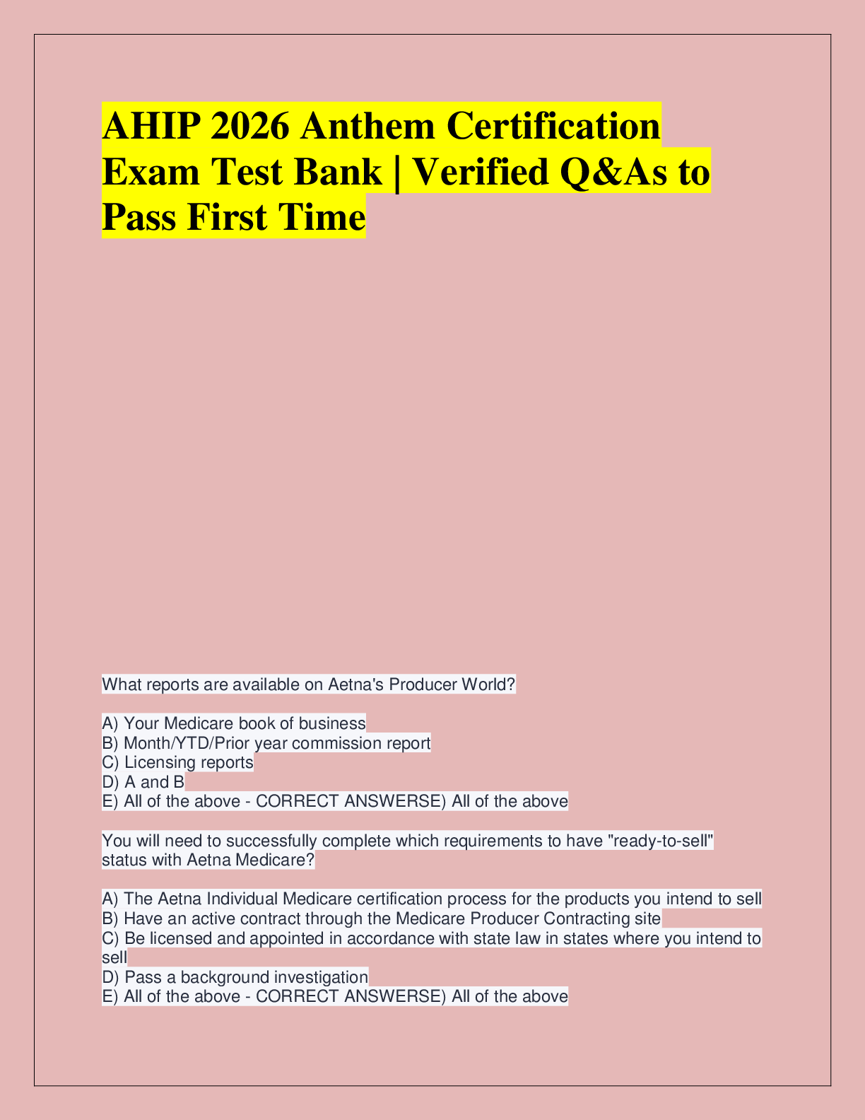 Preview of AHIP 2026 Anthem Certification  Exam Test Bank | Verified Q&As to  Pass First Time