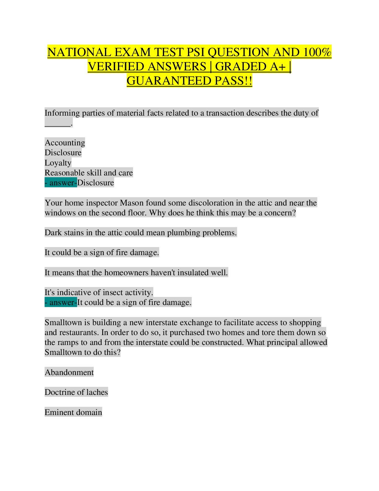 Preview of PSI National Real Estate Exam 2026 | 100+ Practice Questions & Verified Answers | Real Estate License Prep for Salesperson & Broker | Fiduciary Duties, Financing, Contracts, Fair Housing, Title Insurance