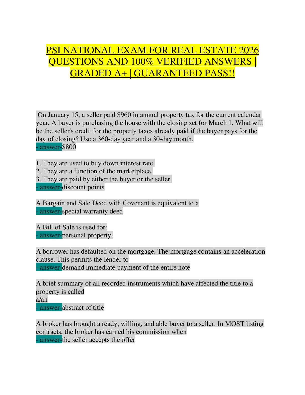 Preview of PSI National Real Estate Exam 2026 | Complete Q&A Bank with 500+ Questions & 100% Verified Answers | Salesperson & Broker License Prep | Contracts, Deeds, Financing, Appraisal, Fair Housing, Property Law