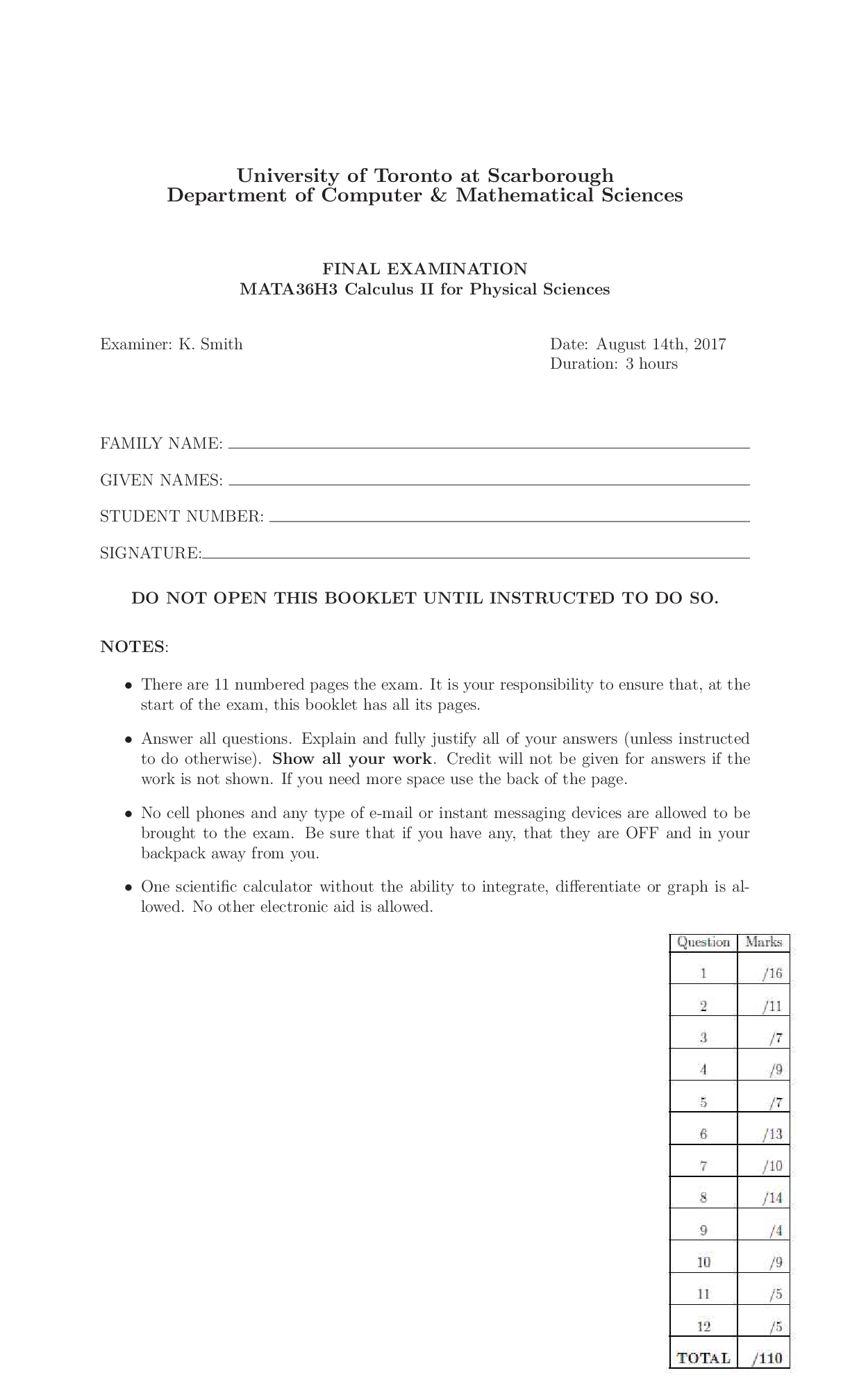 MATA 36 Calculus II for Physical Sciences FINAL EXAMINATION | University of Toronto at Scarborough Department of Computer & Mathematical Sciences