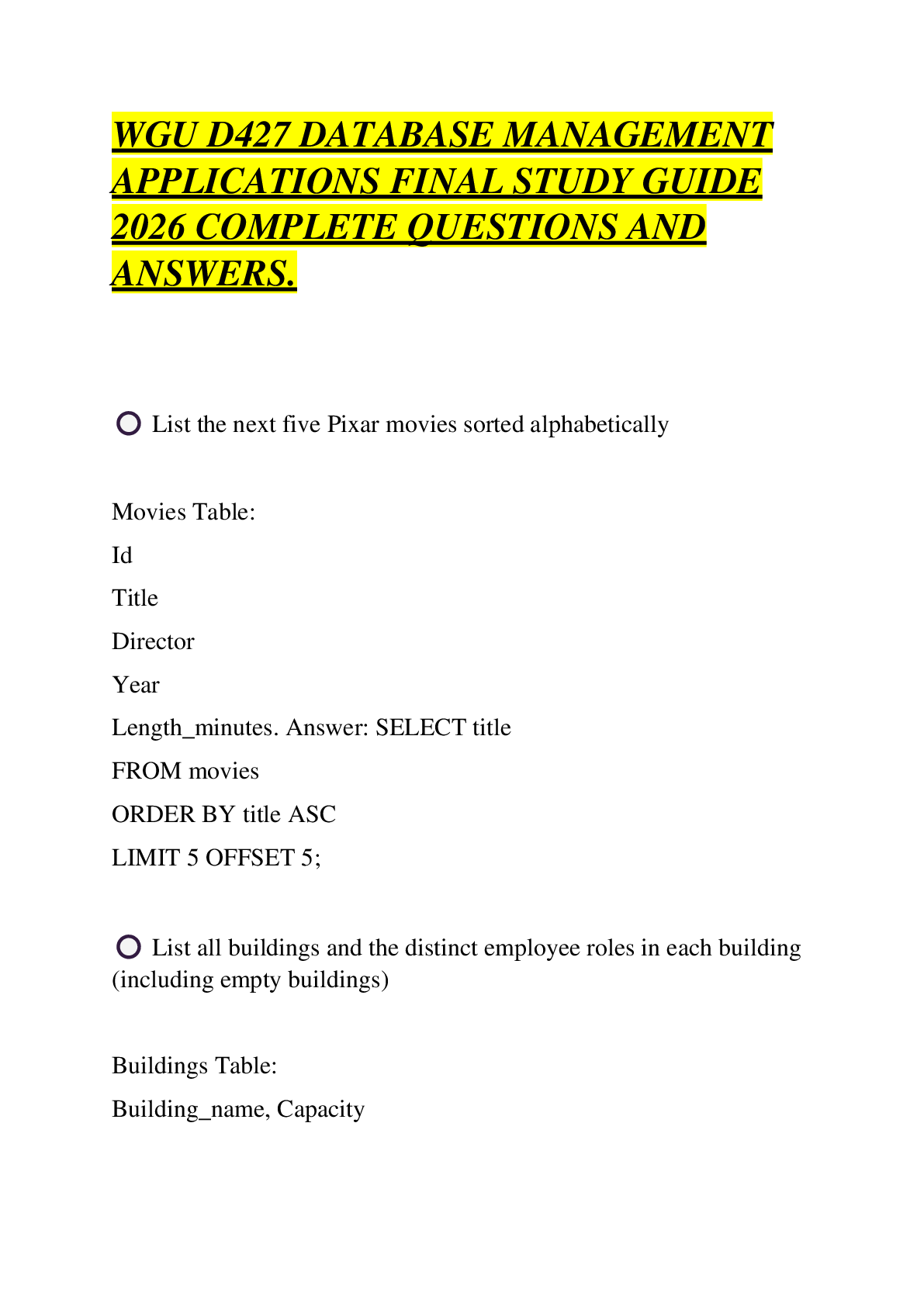 Recommended document preview for WGU D427 DATABASE MANAGEMENT APPLICATIONS FINAL STUDY GUIDE 2026 COMPLETE QUESTIONS AND ANSWERS.