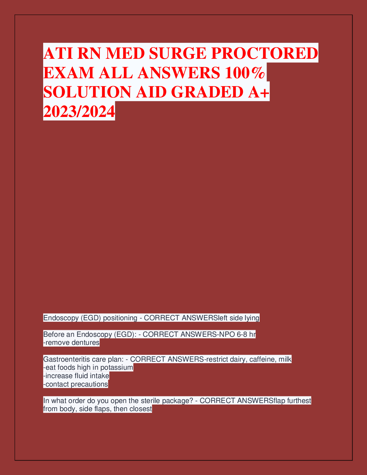 Recommended document preview for ATI RN MED SURGE PROCTORED  EXAM ALL ANSWERS 100%  SOLUTION AID GRADED A+  2023/2024