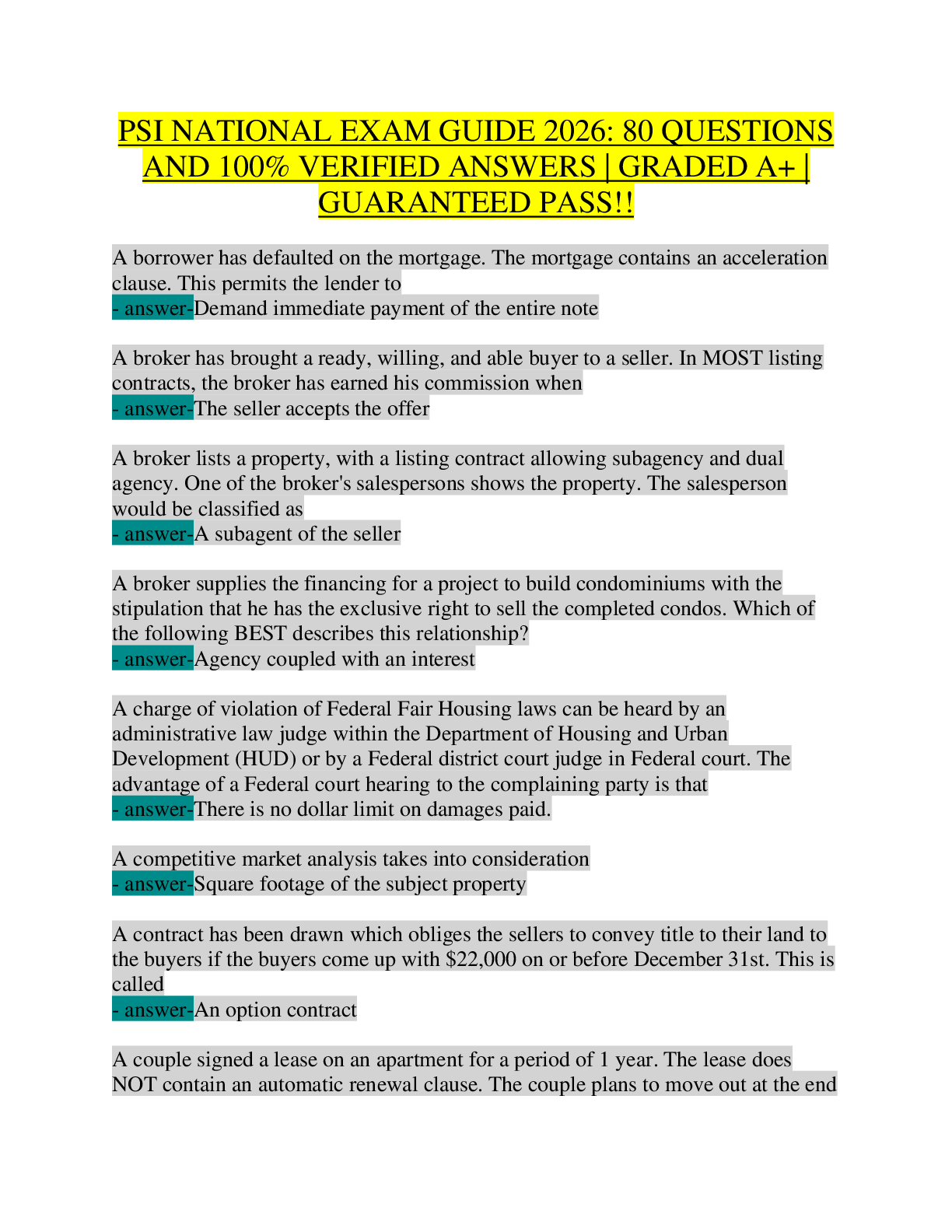 Recommended document preview for PSI National Real Estate Exam Guide 2026 | Complete Study Guide with 200+ Q&A & 100% Verified Answers | Salesperson & Broker License Prep | Contracts, Deeds, Financing, Fair Housing, Appraisal