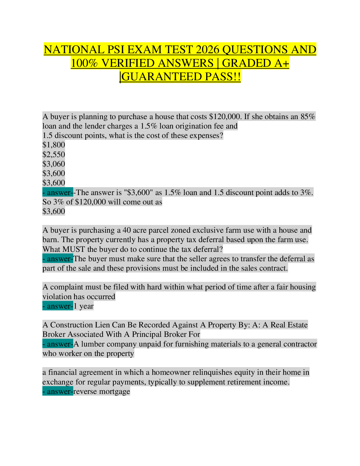Preview of PSI National Real Estate Exam Test 2026 | 100% Verified Q&A with Math Solutions | Salesperson & Broker License Prep | Oregon-Specific & National Law | Fair Housing, Contracts, Financing, Agency