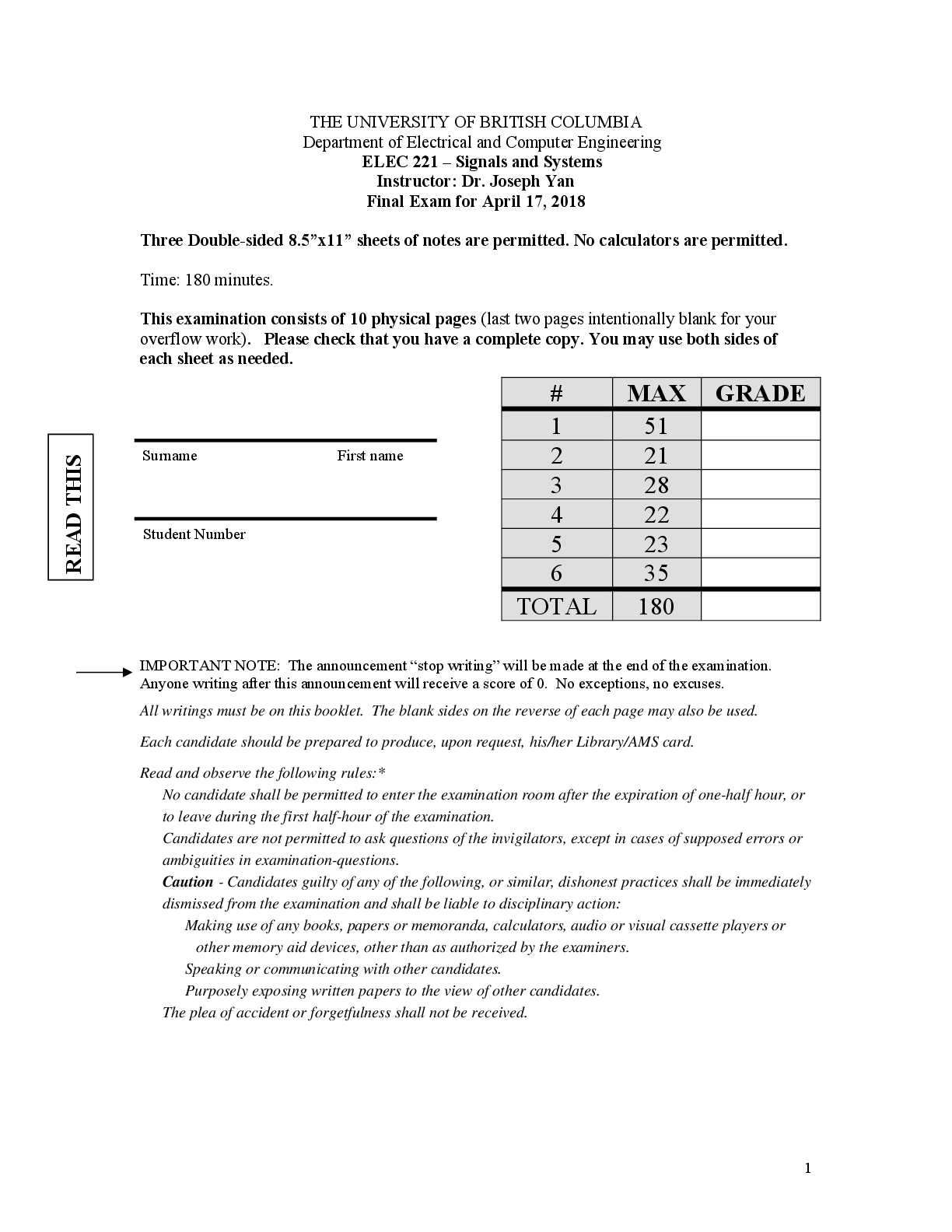 Recommended document preview for ELEC 221 Signals and Systems Final Exam