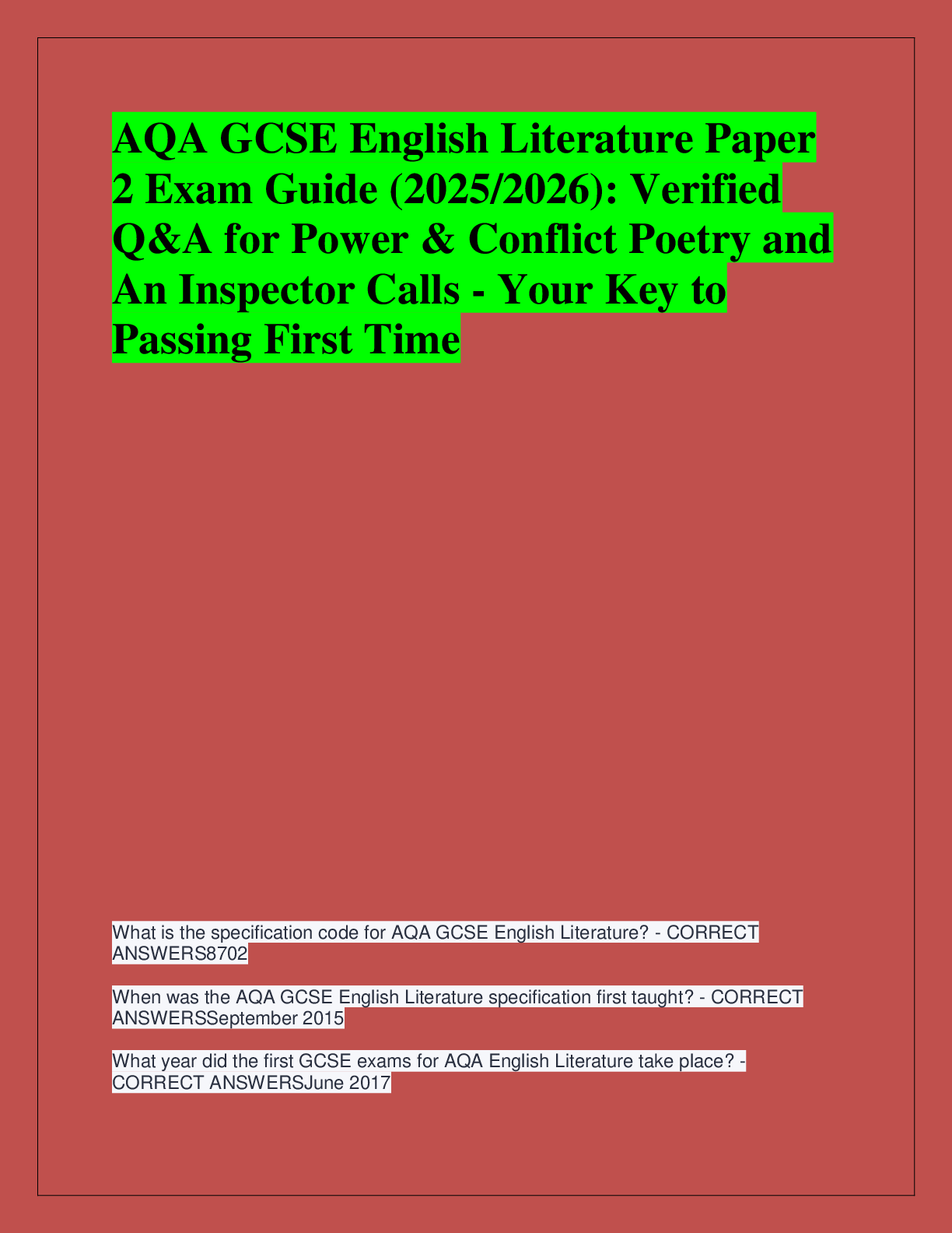 Recommended document preview for AQA GCSE English Literature Paper  2 Exam Guide (2025/2026): Verified  Q&A for Power & Conflict Poetry and  An Inspector Calls - Your Key to  Passing First Time