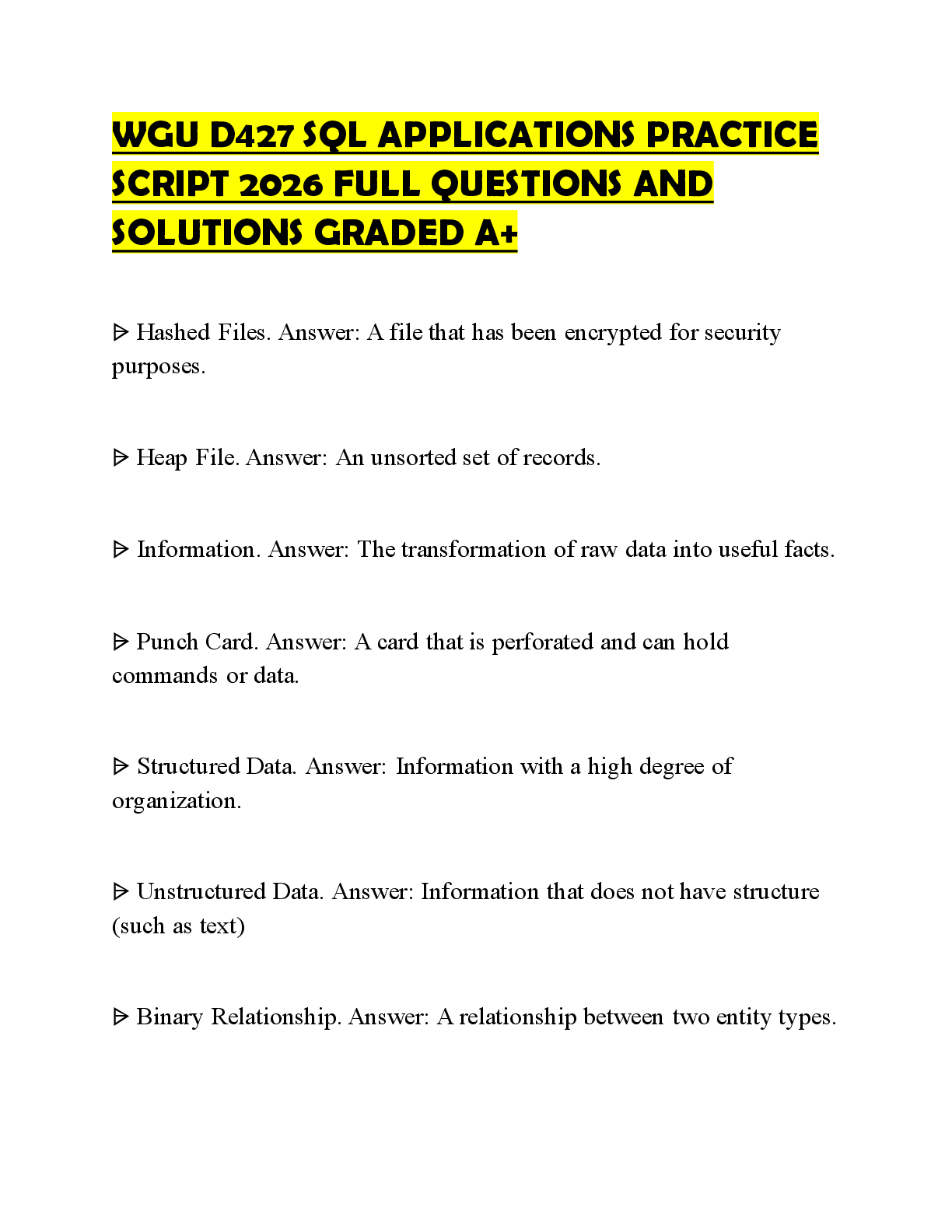 Recommended document preview for WGU D427 SQL APPLICATIONS PRACTICE SCRIPT 2026 FULL QUESTIONS AND SOLUTIONS GRADED A+