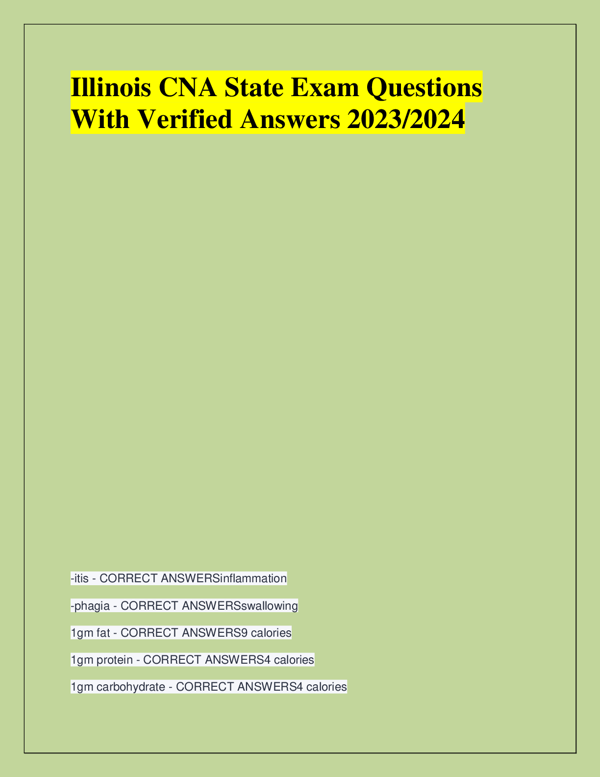 Recommended document preview for Illinois CNA State Exam Questions  With Verified Answers 2023/2024