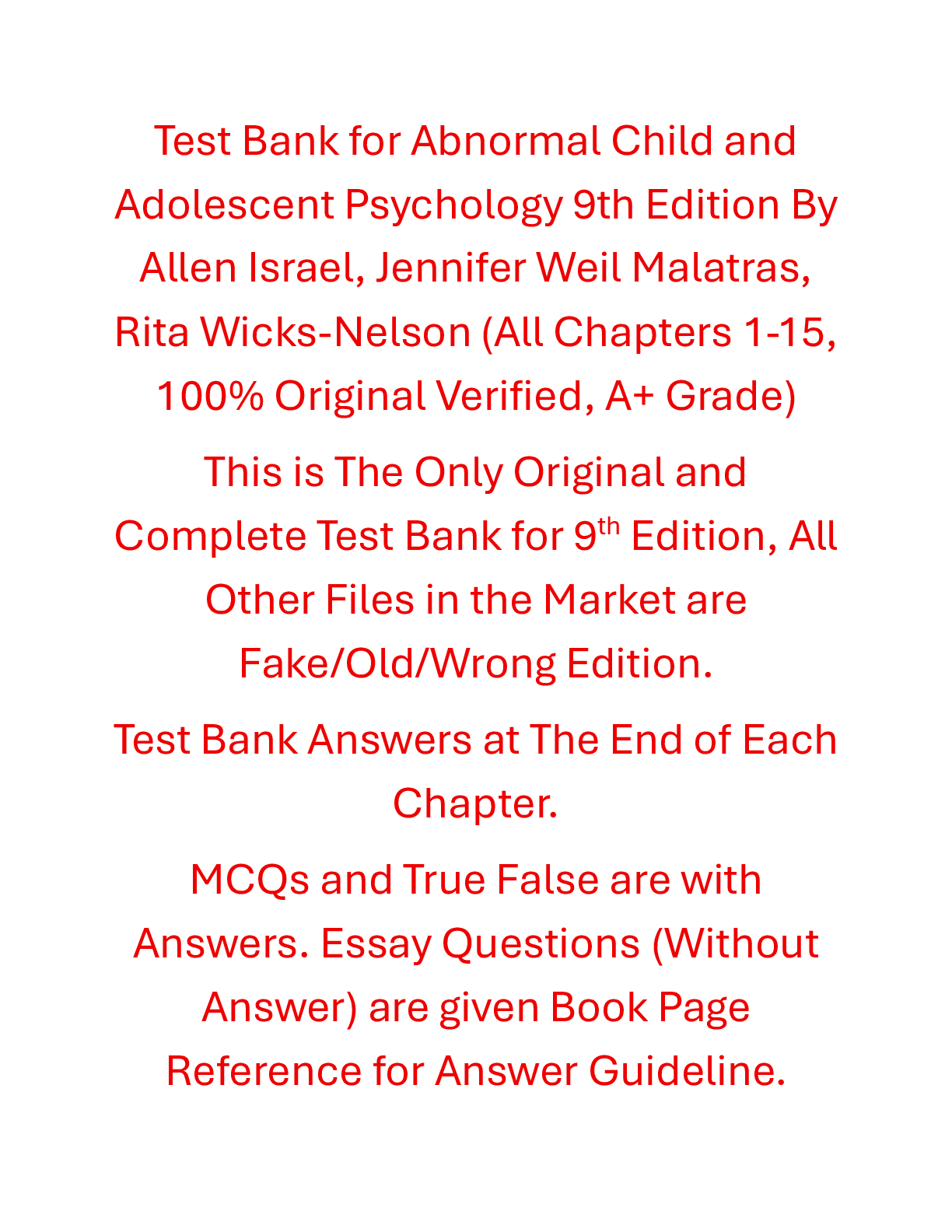 Recommended document preview for Test Bank Abnormal Child and Adolescent Psychology 9th Edition By Allen Israel, Jennifer Weil Malatras, Rita Wicks-Nelson