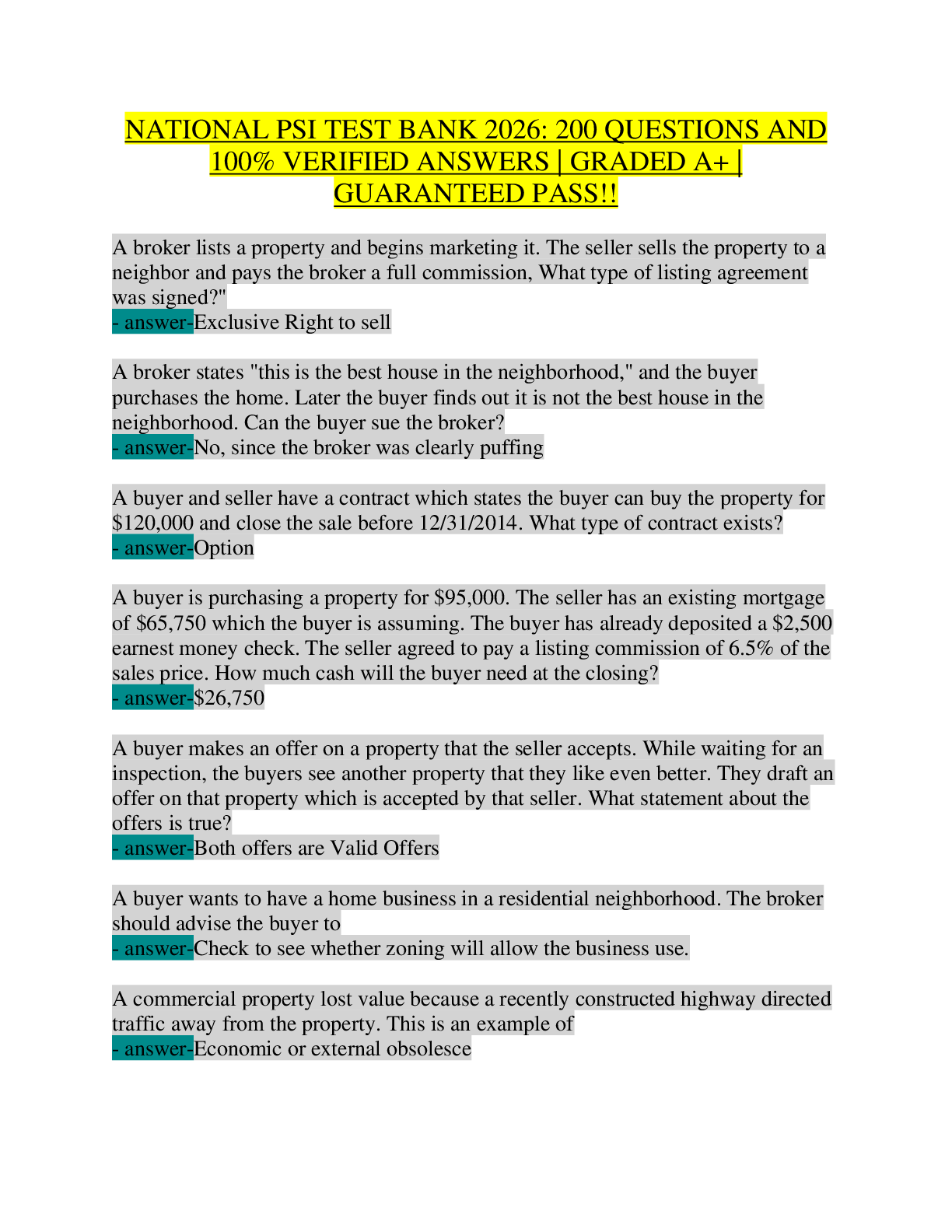 Recommended document preview for PSI National Real Estate Test Bank 2026 | 200+ Exam Questions & 100% Verified Answers | Salesperson & Broker License Prep | Contracts, Appraisal, Fair Housing, Financing, Property Management
