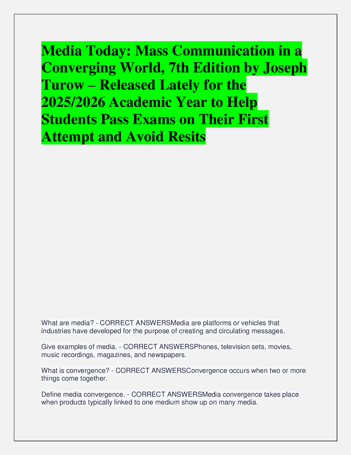 Preview image for Media Today: Mass Communication in a  Converging World, 7th Edition by Joseph  Turow – Released Lately for the  2025/2026 Academic Year to Help  Students Pass Exams on Their First  Attempt and Avoid Resits