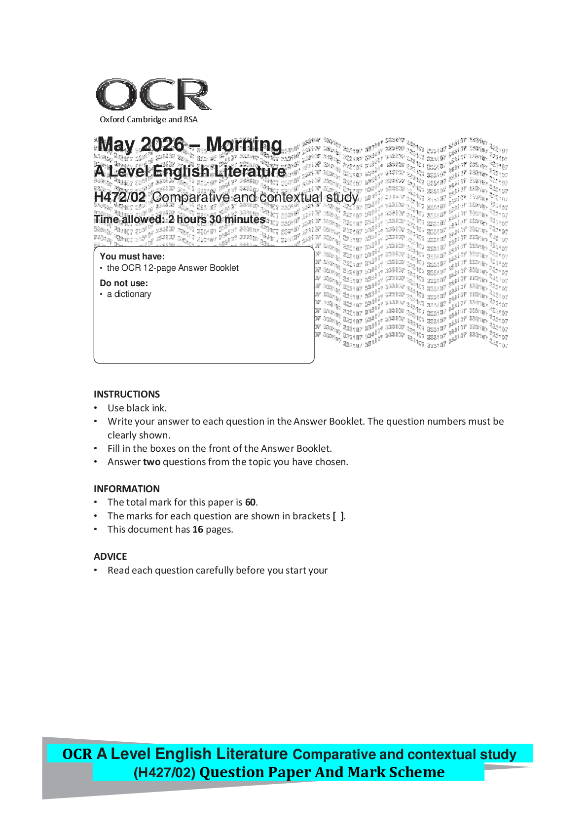 Preview of OCR A Level English Literature Comparative and contextual study (H427/02) Question Paper A