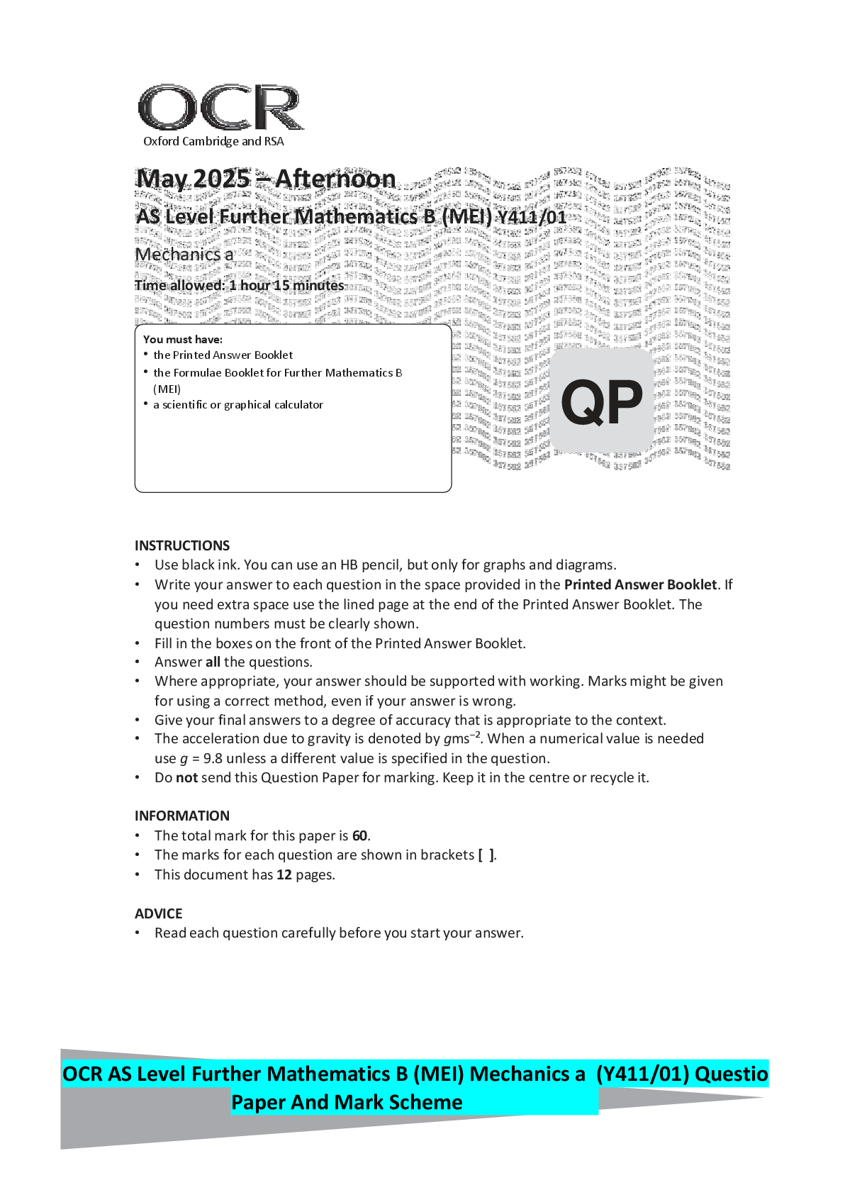 Recommended document preview for OCR AS Level Further Mathematics B (MEI) Mechanics a (Y411/01) Question Paper And Mark Scheme