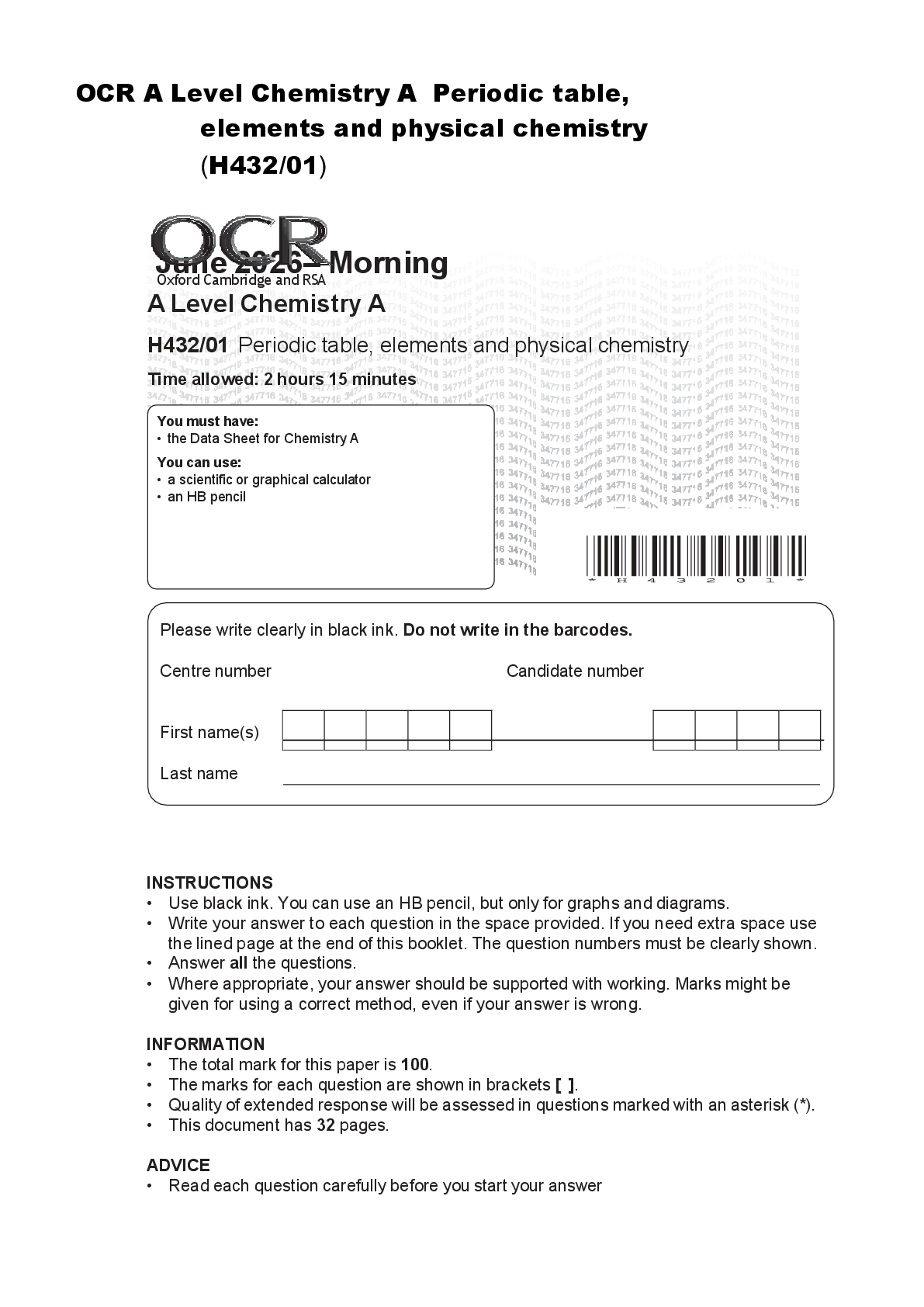 Preview of OCR A Level Chemistry A Periodic table, elements and physical chemistry (H432/01)