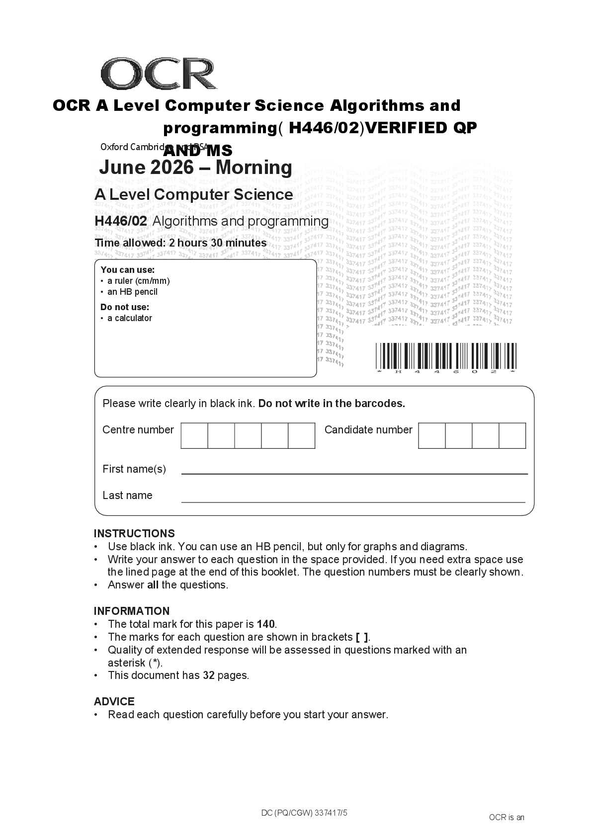 Recommended document preview for OCR A Level Computer Science Algorithms and programming( H446/02)VERIFIED QP AND MS