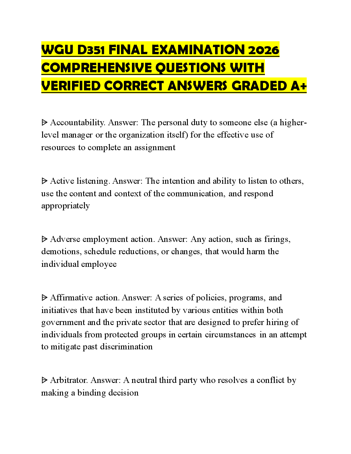 Preview image for WGU D351 FINAL EXAMINATION 2026 COMPREHENSIVE QUESTIONS WITH VERIFIED CORRECT ANSWERS GRADED A+