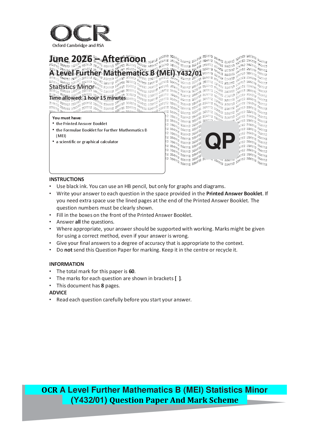 Recommended document preview for OCR A Level Further Mathematics B (MEI) Statistics Minor (Y432/01) Question Paper And Mark Scheme