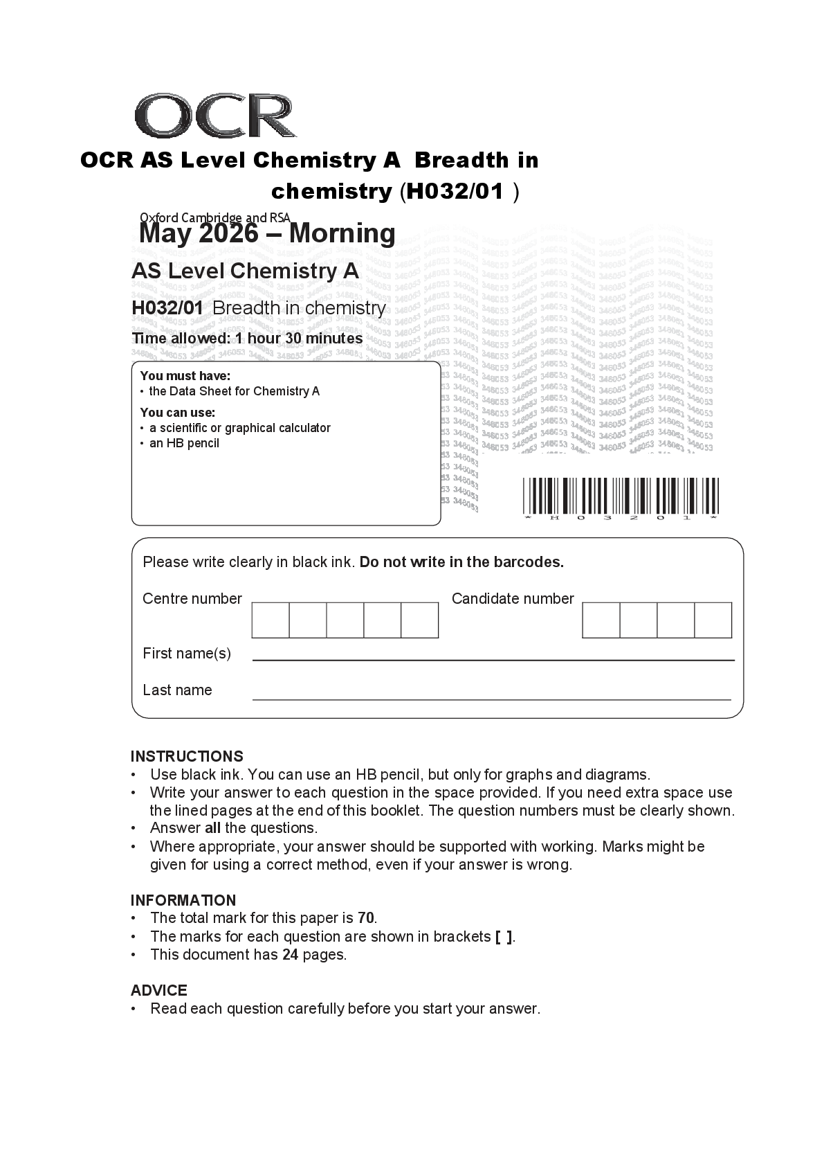 Preview of OCR AS Level Chemistry A Breadth in chemistry (H032/01 )