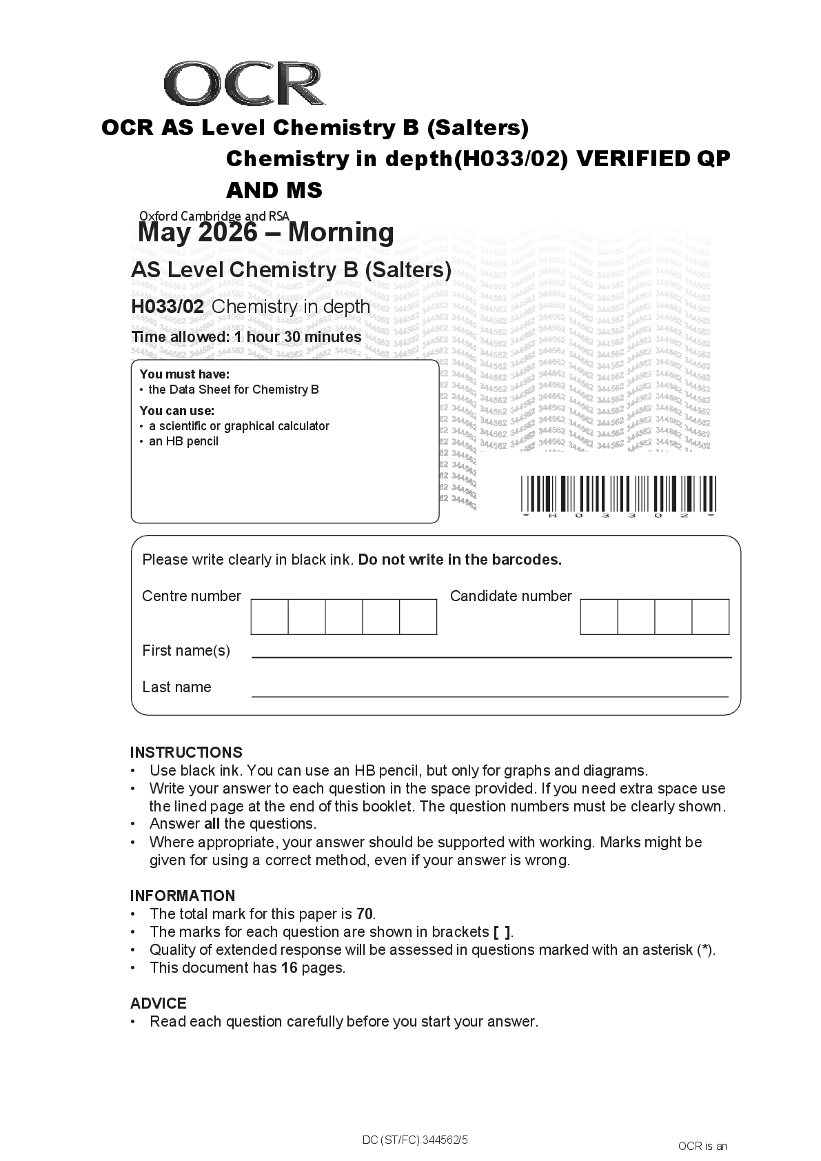 Preview of OCR AS Level Chemistry B (Salters) Chemistry in depth(H033/02) VERIFIED QP AND MS