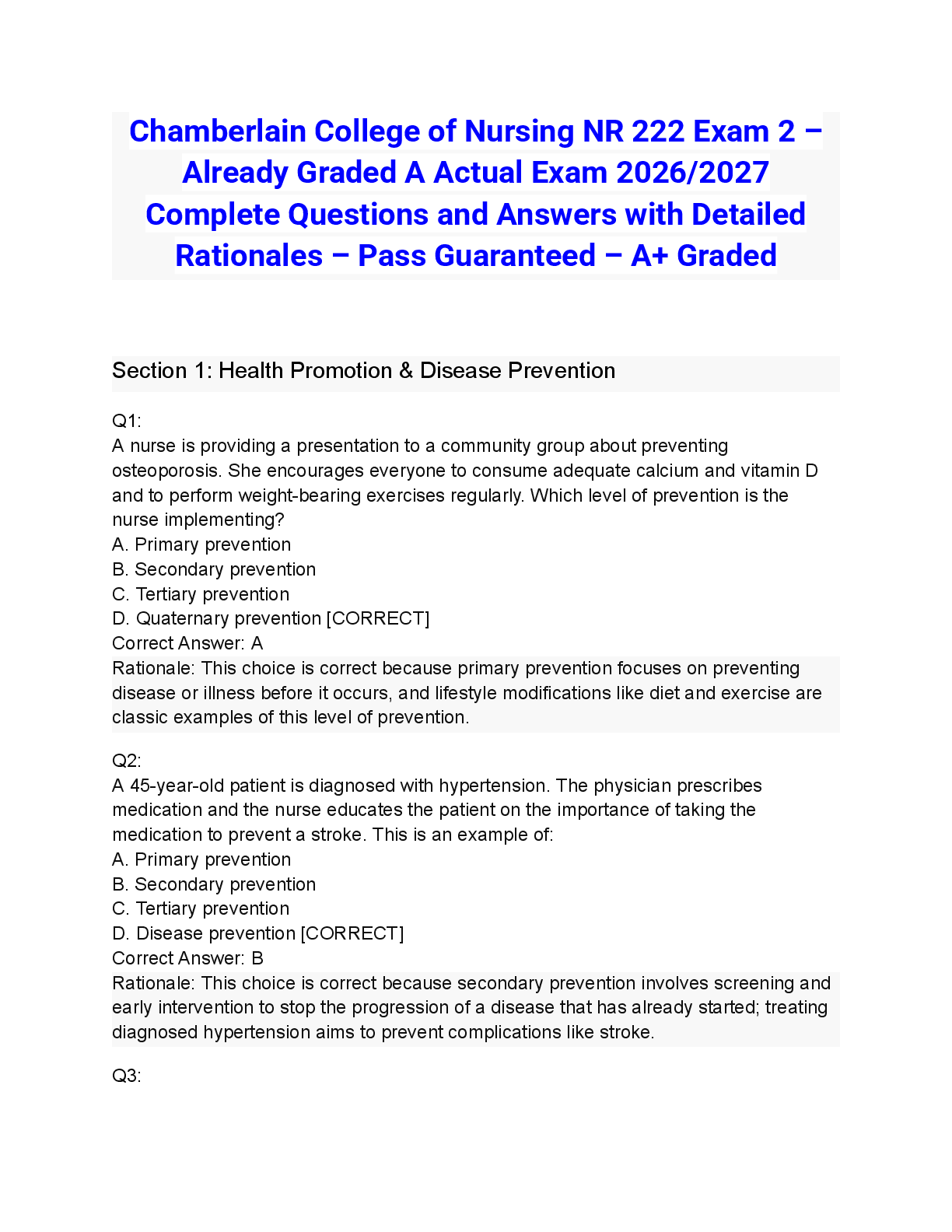 Recommended document preview for Chamberlain College of Nursing NR 222 Exam 2 – Already Graded A Actual Exam 2026/2027 Complete Questions and Answers with Detailed Rationales – Pass Guaranteed – A+ Graded