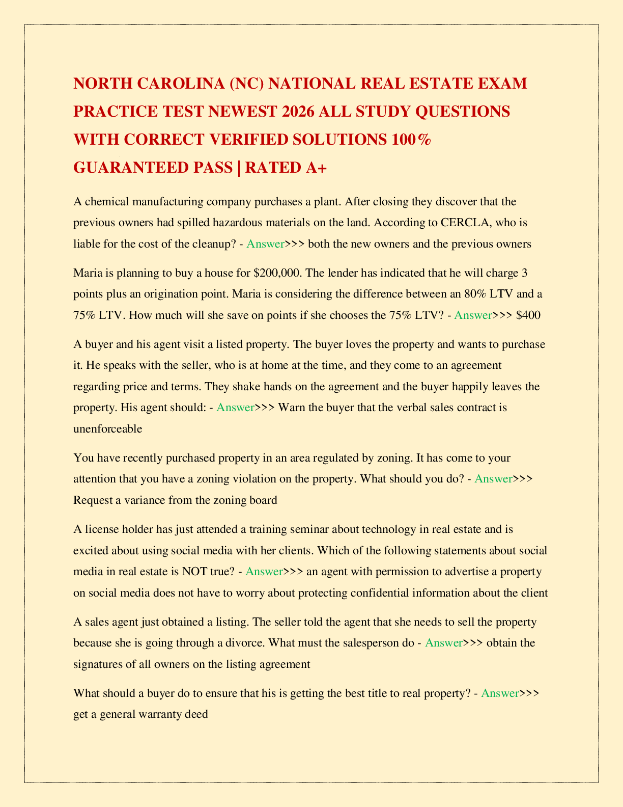 Recommended document preview for NORTH CAROLINA (NC) NATIONAL REAL ESTATE EXAM PRACTICE TEST NEWEST 2026 ALL STUDY QUESTIONS WITH CORRECT VERIFIED SOLUTIONS 100% GUARANTEED PASS | RATED A+
