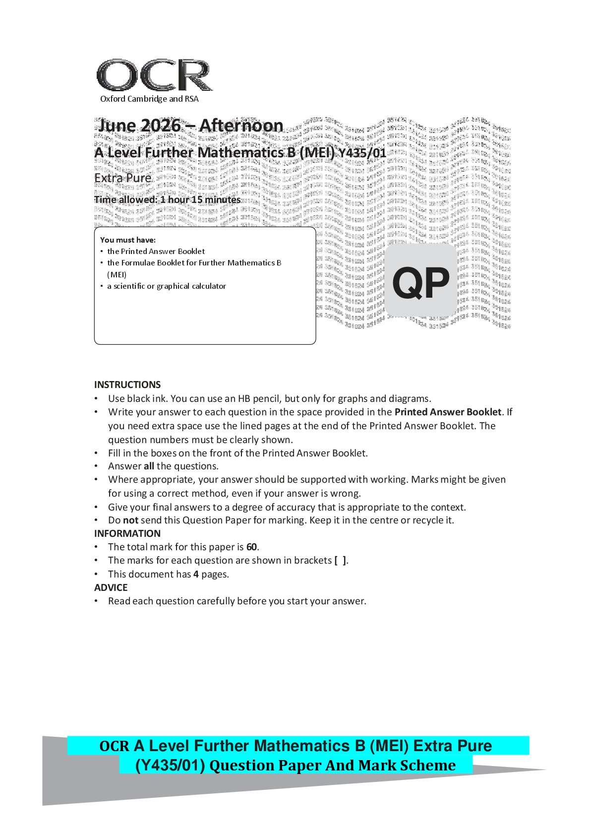 Recommended document preview for OCR A Level Further Mathematics B (MEI) Extra Pure (Y435/01) Question Paper And Mark Scheme
