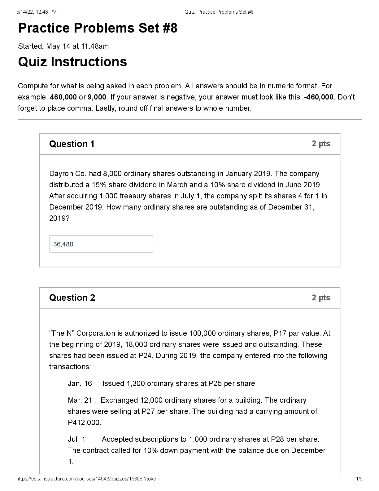Preview of ACCOUNTING 4 USLS Quiz_ Practice Problems Set 8