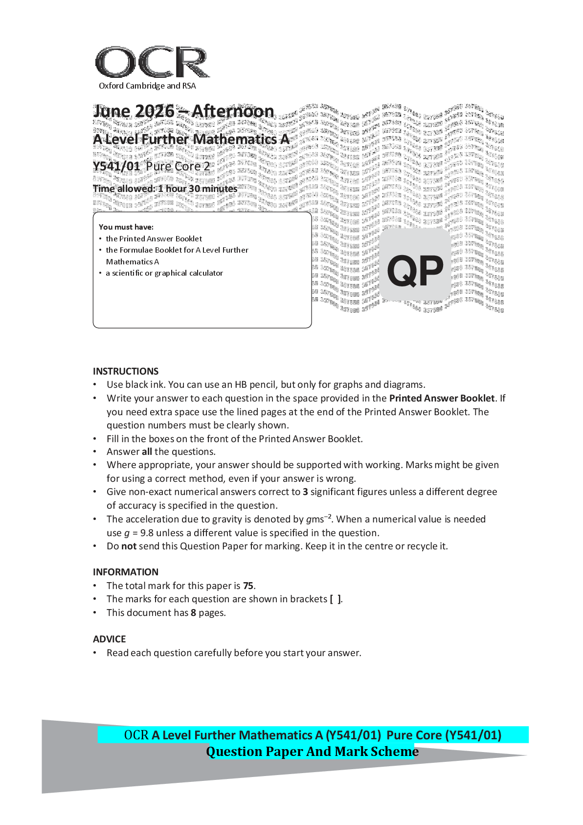 Preview of OCR A Level Further Mathematics A (Y541/01) Pure Core (Y541/01) Question Paper And Mark Sc