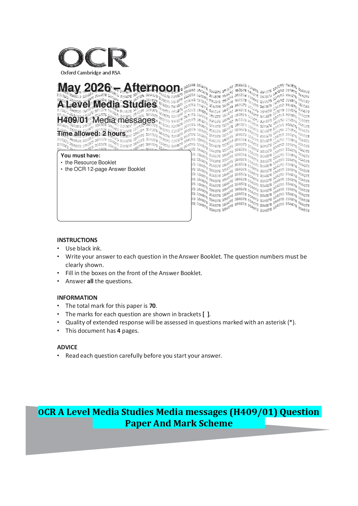 Recommended document preview for OCR A Level Media Studies Media messages (H409/01) Question Paper And Mark Scheme