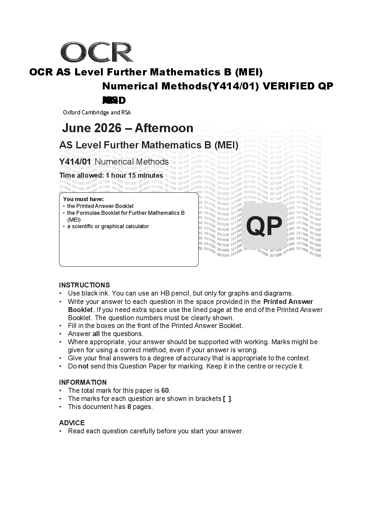 Preview of OCR AS Level Further Mathematics B (MEI) Numerical Methods(Y414/01) VERIFIED QP
