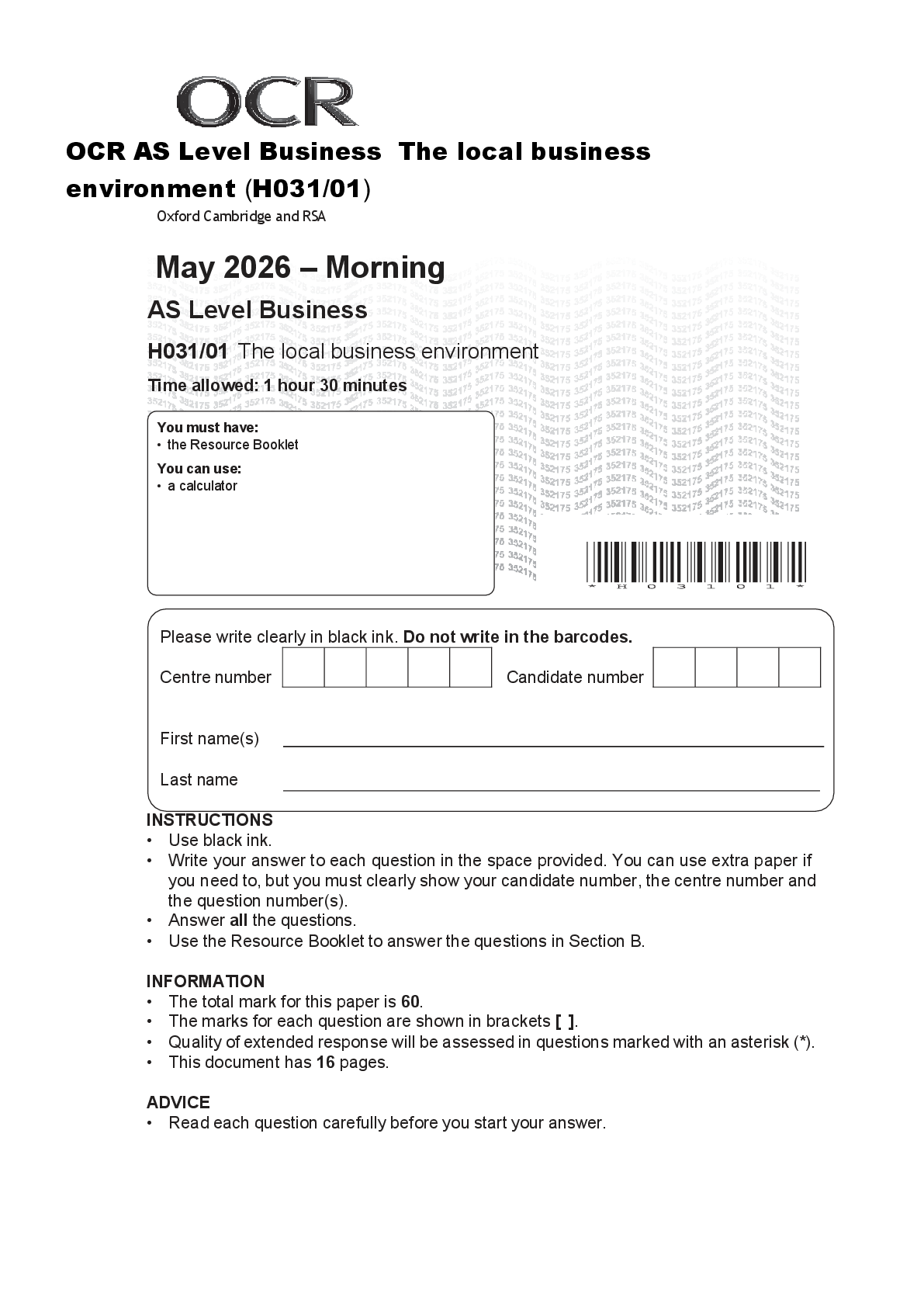 Recommended document preview for OCR AS Level Business The local business environment (H031/01
