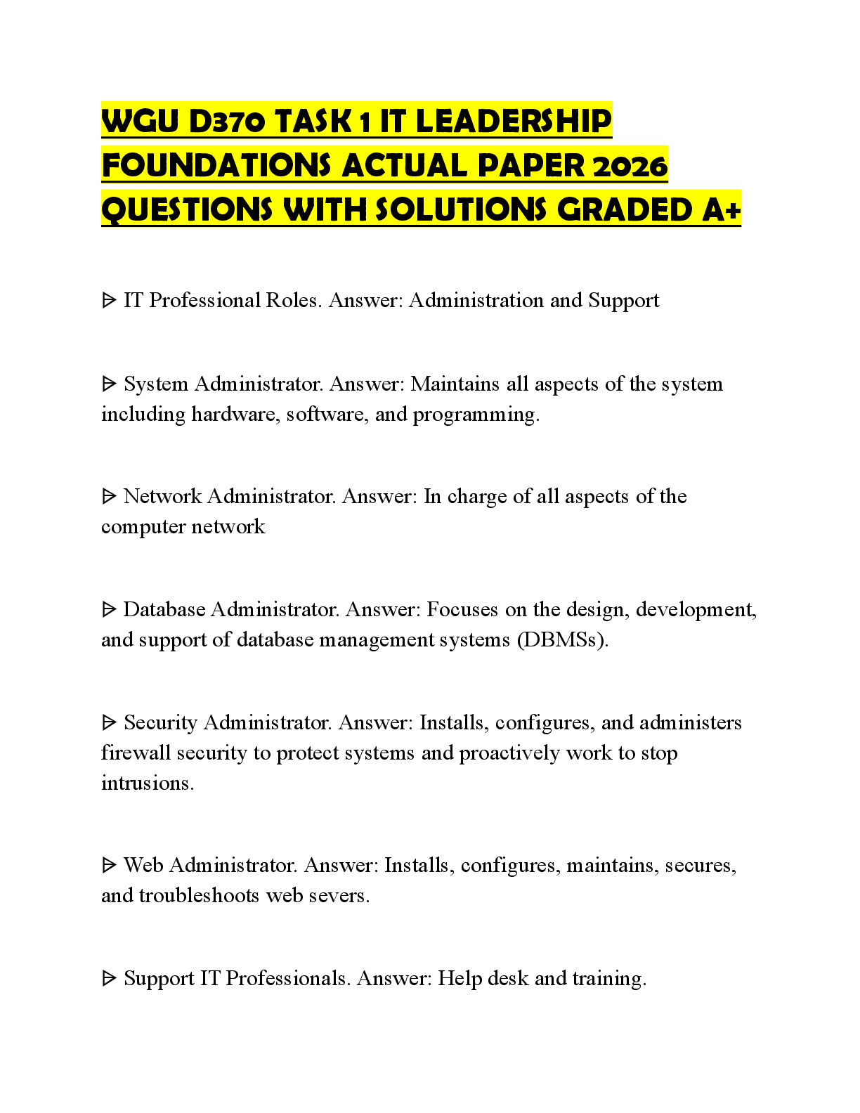 Preview of WGU D370 TASK 1 IT LEADERSHIP FOUNDATIONS ACTUAL PAPER 2026 QUESTIONS WITH SOLUTIONS GRADED A+
