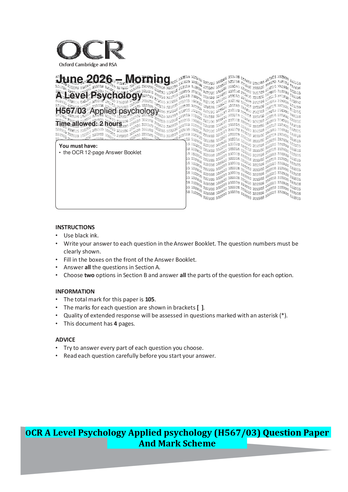 Recommended document preview for OCR A Level Psychology Applied psychology (H567/03) Question Paper And Mark Scheme