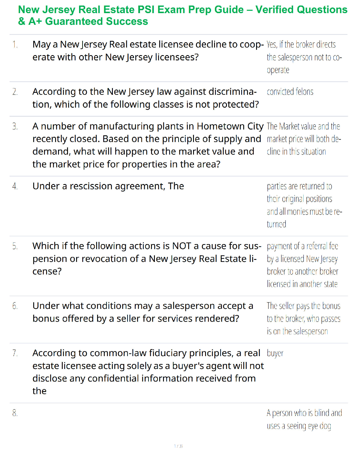 New Jersey Real Estate PSI Exam Prep Guide – Verified Questions & A+ Guaranteed Success