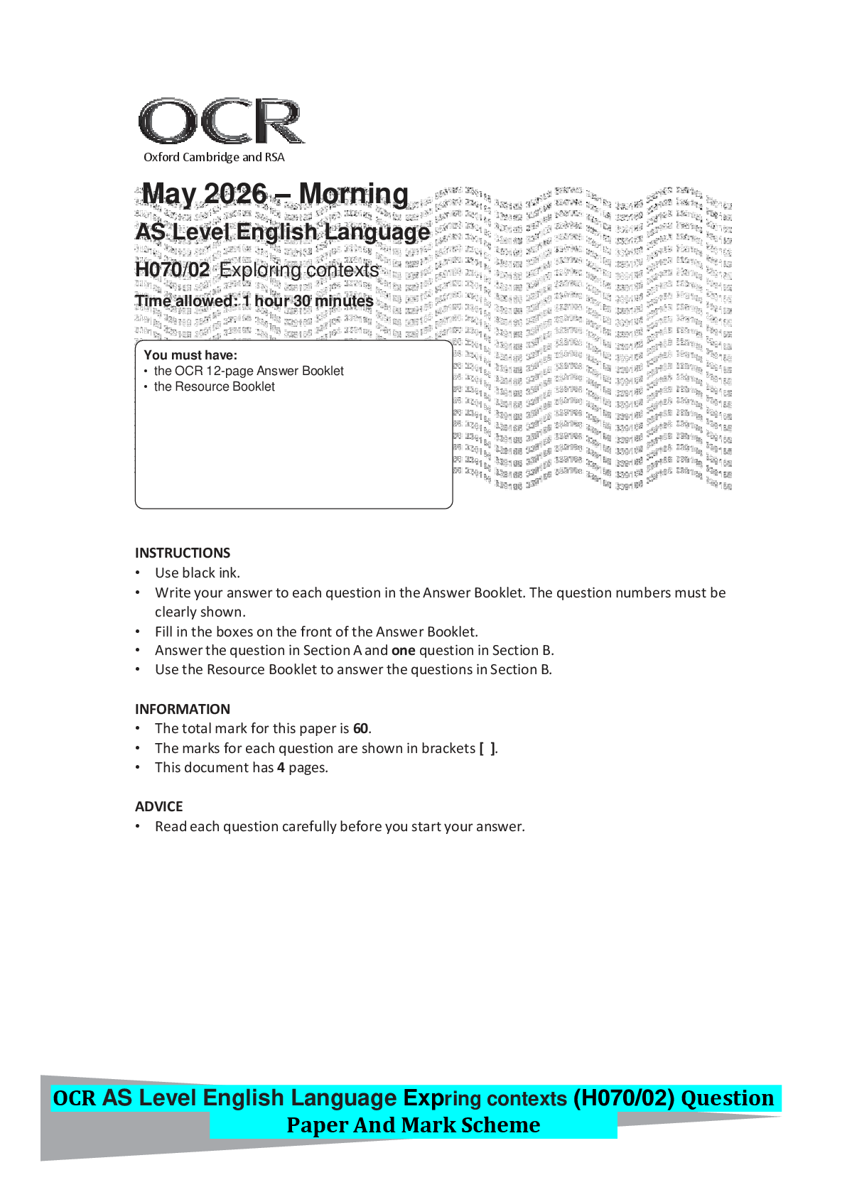 Preview of OCR AS Level English Language Expring contexts (H070/02) Question Paper And Mark Scheme