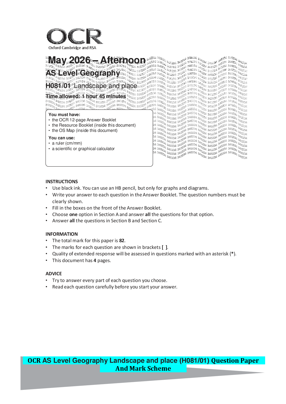 Preview of OCR AS Level Geography Landscape and place (H081/01) Question Paper And Mark Scheme