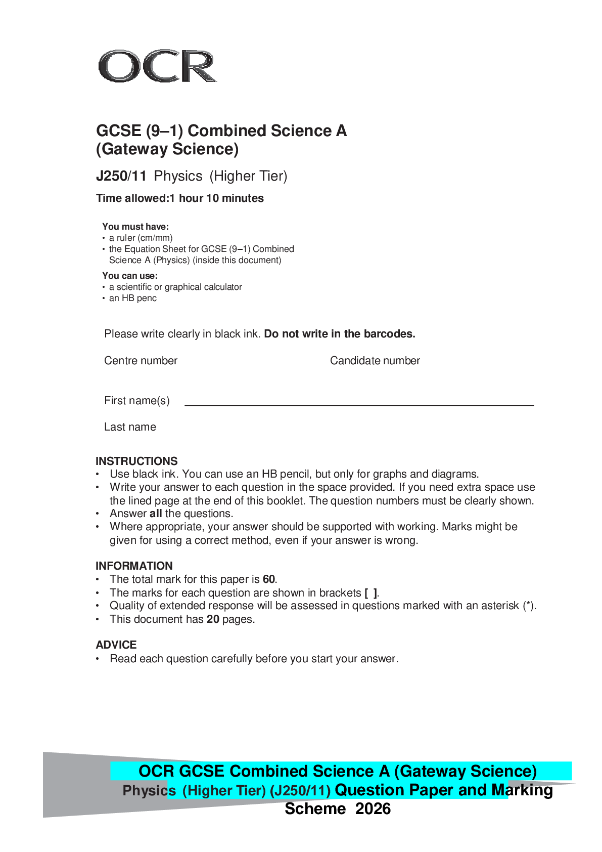 Recommended document preview for OCR GCSE Combined Science A (Gateway Science) Physics (Higher Tier) (J250/11) Question Paper and Marking Scheme 2026